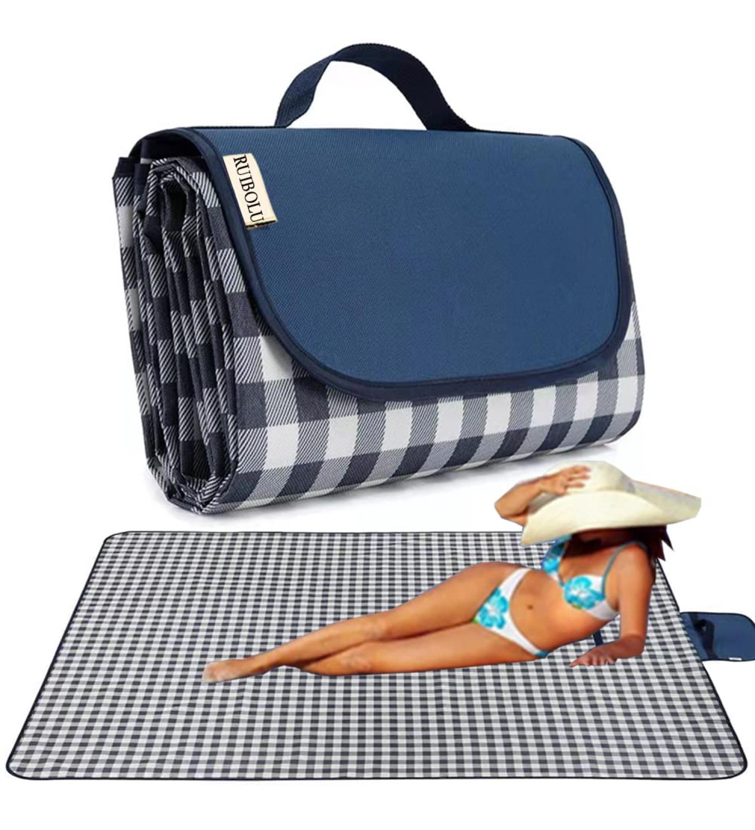 RUIBOLU Large Beach Blanket - Sandproof, Waterproof & Quick Drying Picnic Mat for Travel, Camping & Outdoor Activities - Dark Blue Plaids - Buy Online on SooperMarket.com