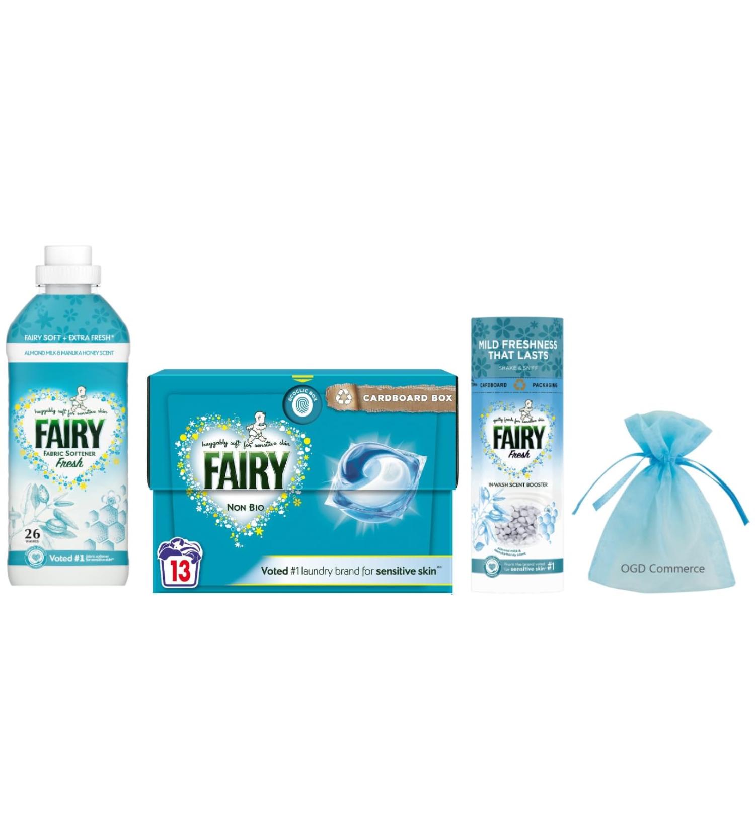 Fairy Laundry Washing Pack for Sensitive Skin: Fresh Fabric Conditioner 26w 858ml + In-wash Scent Booster Beads Almond Milk & Manuka Honey 176gr + Non Bio Pods Capsules 13Pods - Buy Online on SooperMarket.com