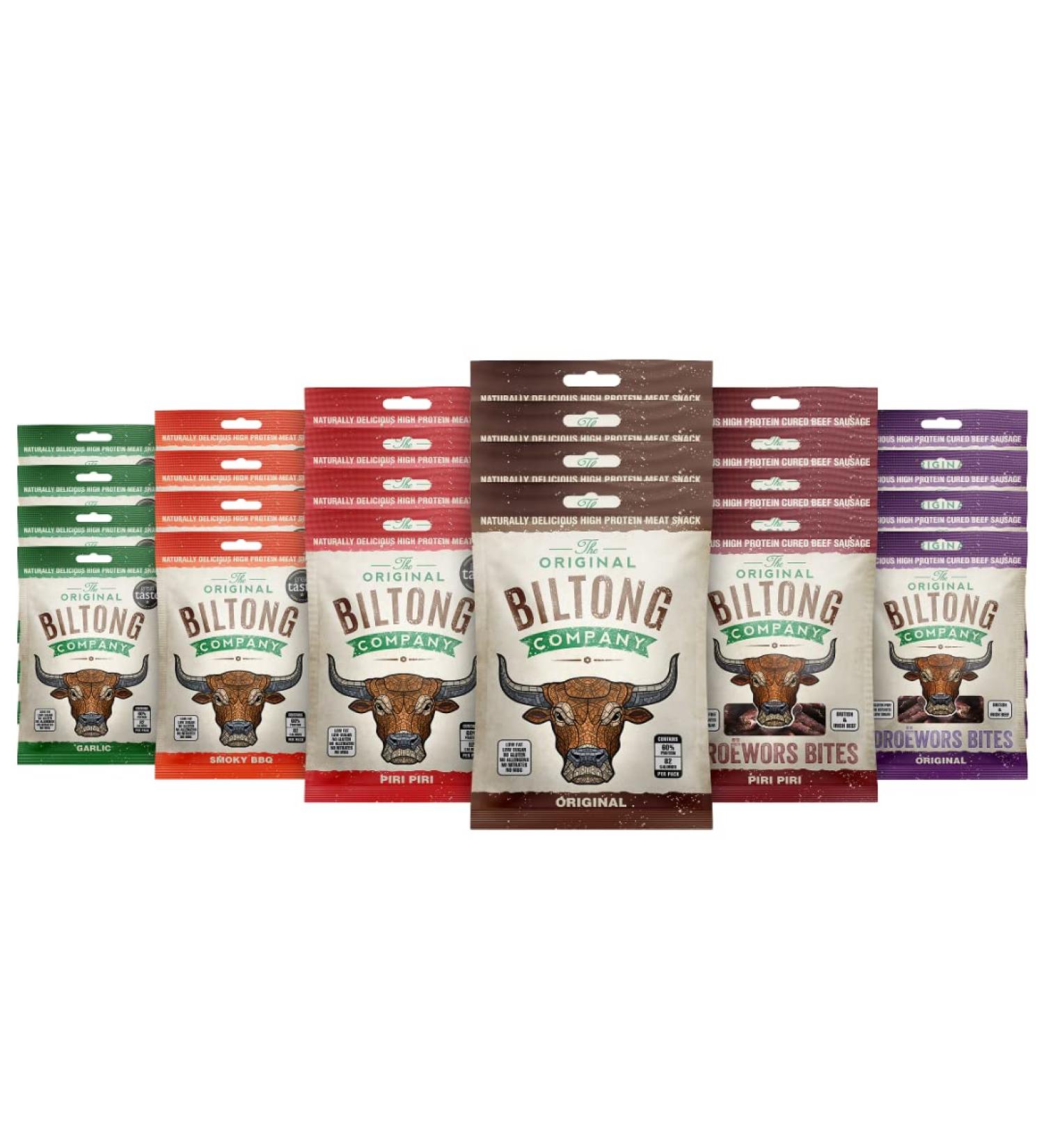Meat Snack Box Bundle - Original, Smoky BBQ, Piri Piri & Garlic Flavors | High Protein, Low Fat, Gluten & Nitrate Free | 4 Flavors x 24 x 30g - Buy Online on SooperMarket.com