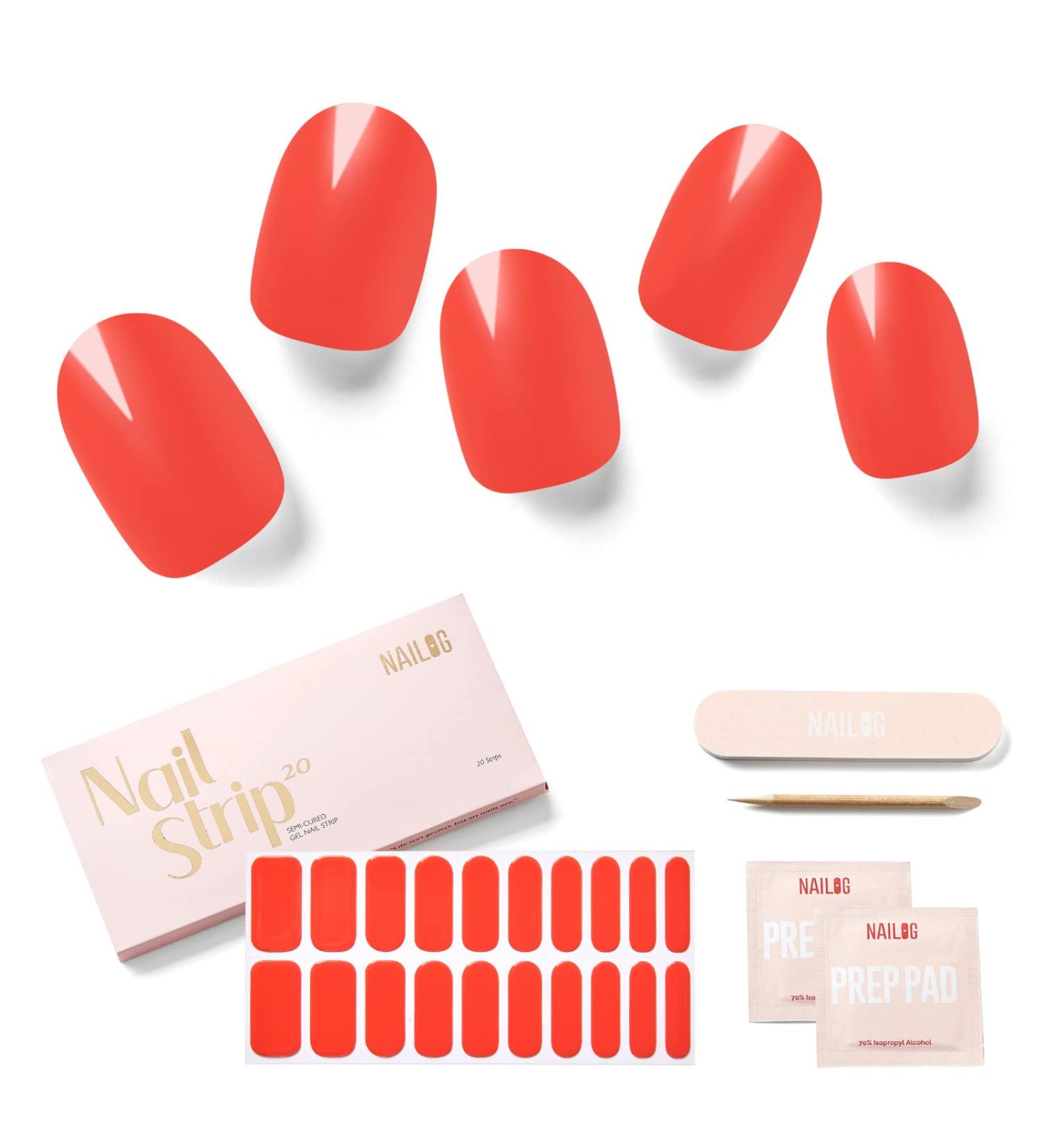 Nailog Nail Wraps - 20Pcs Semi Cured Nail Polish Stickers | Long-lasting Watermelon Red Nail Art Strips Kit for Women - Buy Online on SooperMarket.com