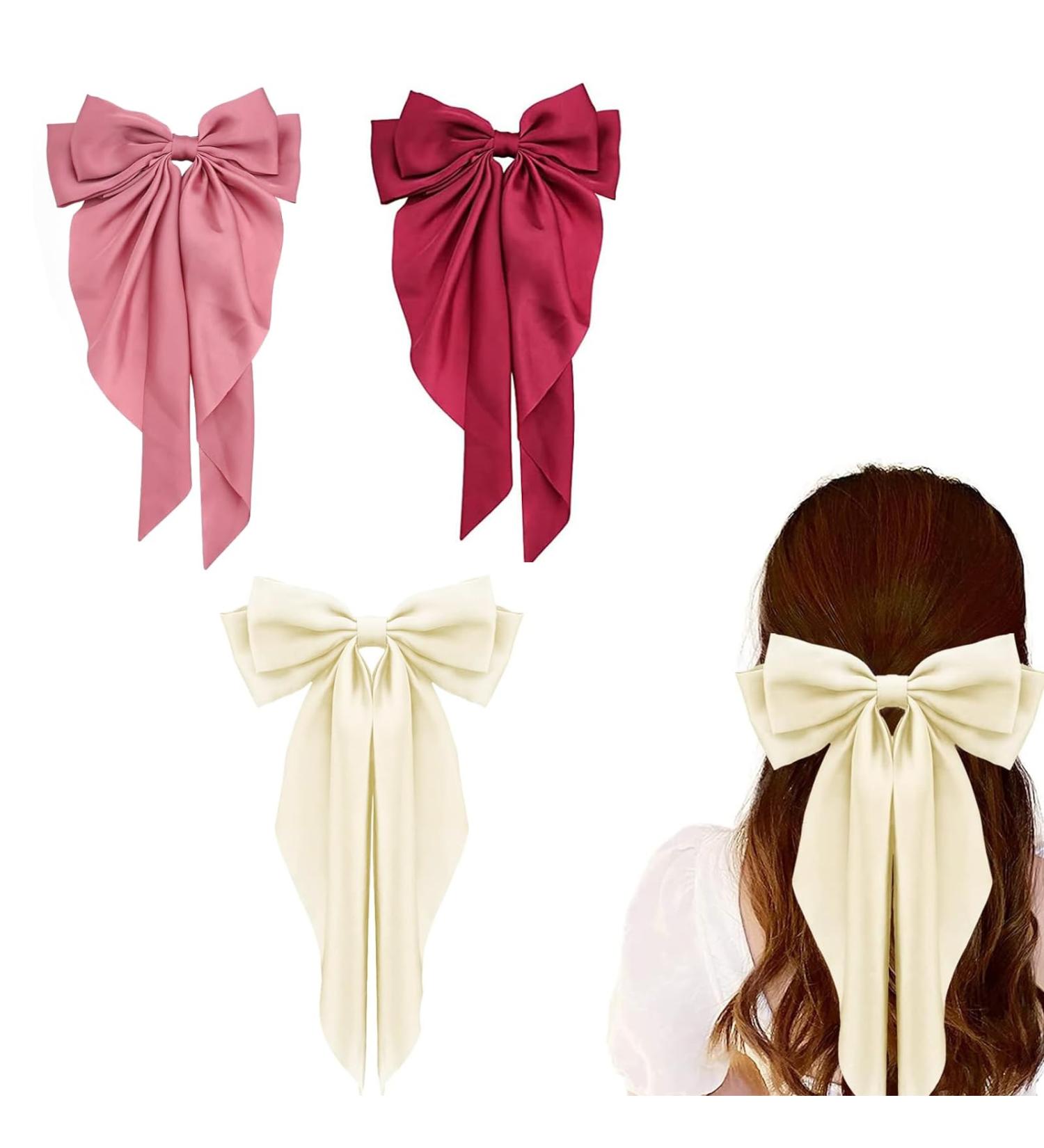 DHWEKU 3 Pieces Hair Clips with Big Bow Soft Silky Satin Hair Clip Long Tail French Ribbon Hairpins 90s Bowknot Clip for Party Christmas Women Girls - Buy Online on SooperMarket.com