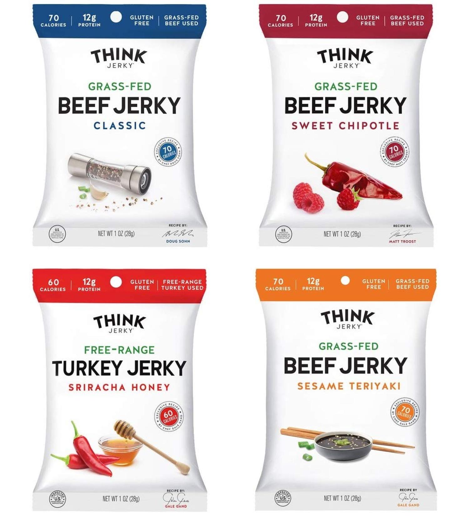 Think Jerky Variety Pack - Chef Crafted 100% All-Natural Grass-Fed Beef and Free-Range Turkey - Healthy Protein Snack, Low Calories, Salt and Fat - 1oz (8 Pack) - Buy Online on SooperMarket.com