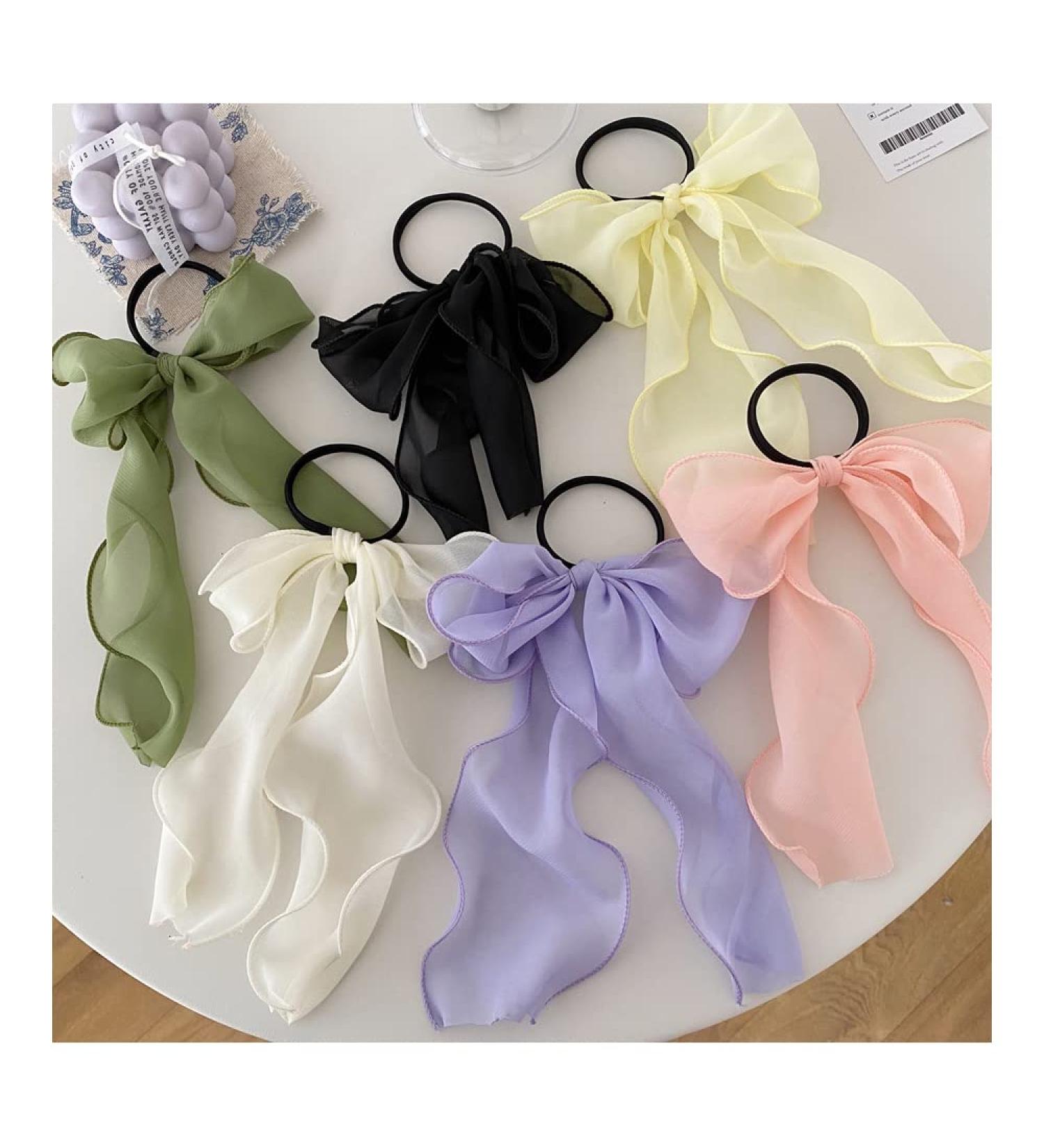 Chiffon Bow Hair Ties Set - 6 Ribbon Scrunchies for Women and Girls - Buy Online on SooperMarket.com