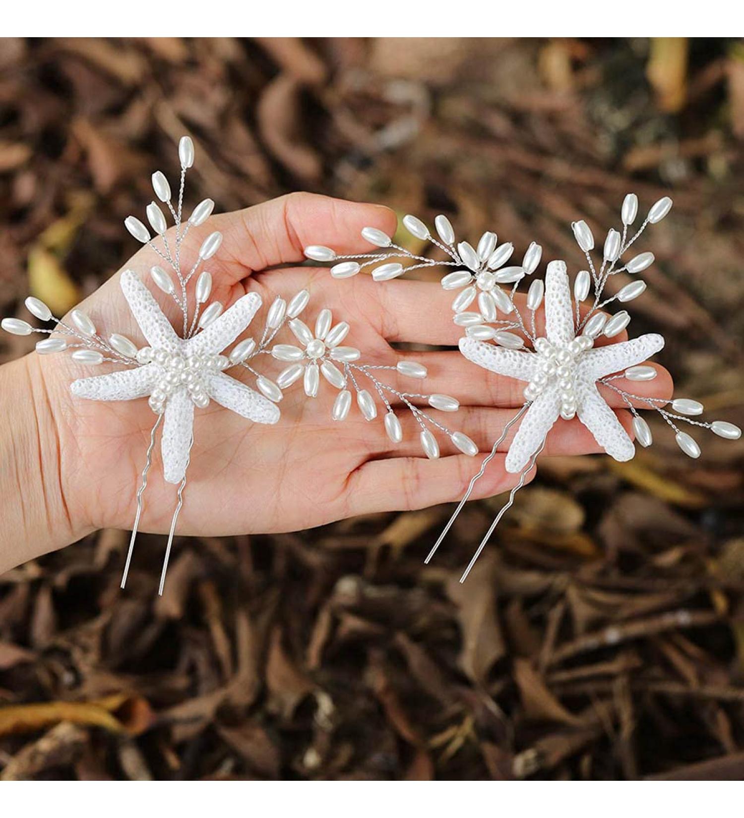 Silver Pearl Starfish Wedding Hair Pins - Bridal Hair Accessories (2 PCS) - Buy Online on SooperMarket.com