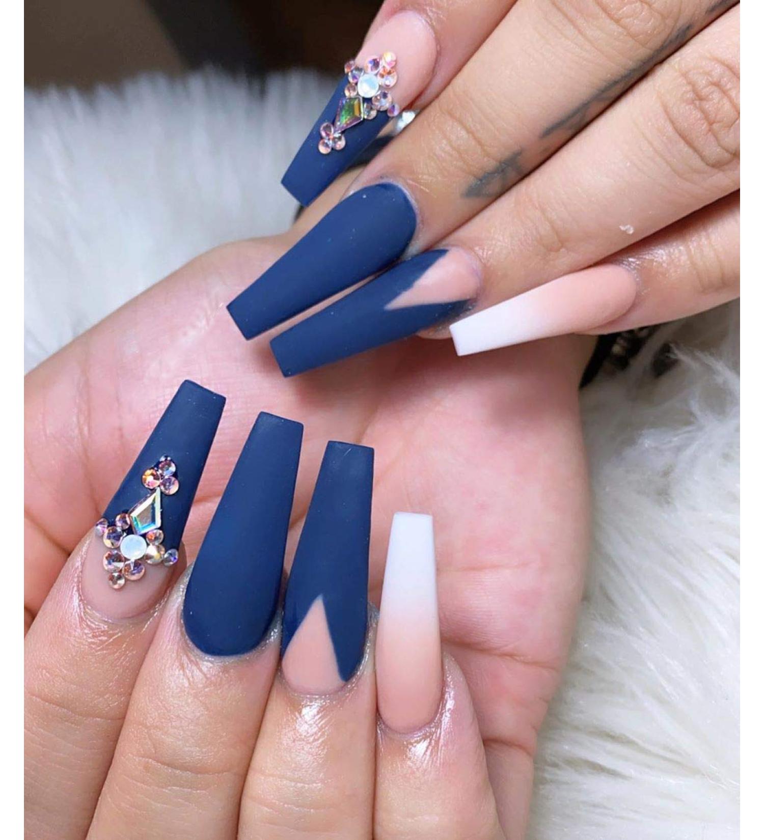 Matte Crystal Blue Extra Long Coffin Press on Nails - 24pcs 3D Bling Ballerina False Nails for Women and Girls - Buy Online on SooperMarket.com