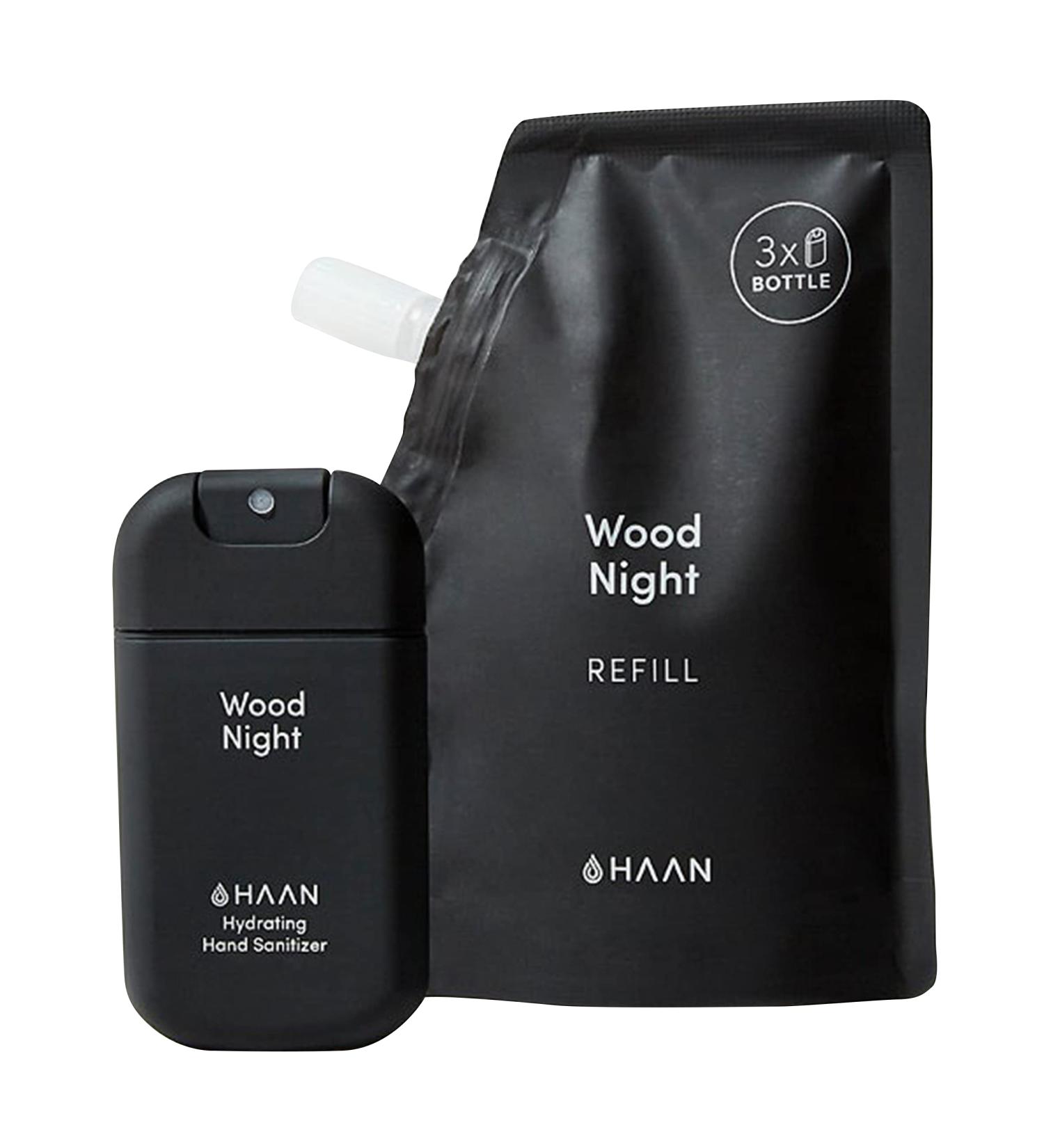 HAAN Hydrating Hand Sanitizer with Aloe Vera - Wood Night Cedarwood Scent | Travel Size + Refill Bag (1.01 fl. oz. + 3.4 fl. oz.) - Buy Online on SooperMarket.com