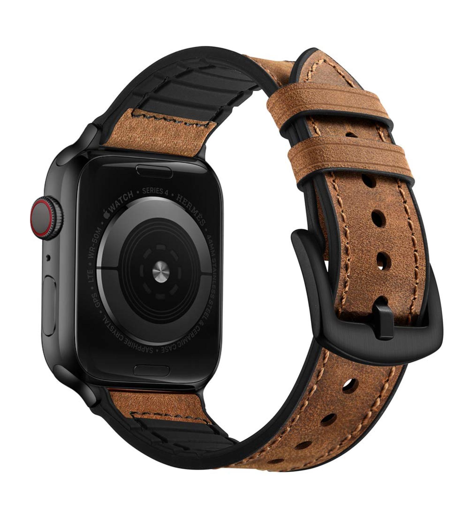 OUHENG Genuine Leather and Rubber Hybrid Band for Apple Watch 49mm/45mm/44mm/42mm - Brown/Black Adapter - Sweatproof Band for iWatch Series 8 7 6 5 4 3 2 1 SE2 SE - Buy Online on SooperMarket.com