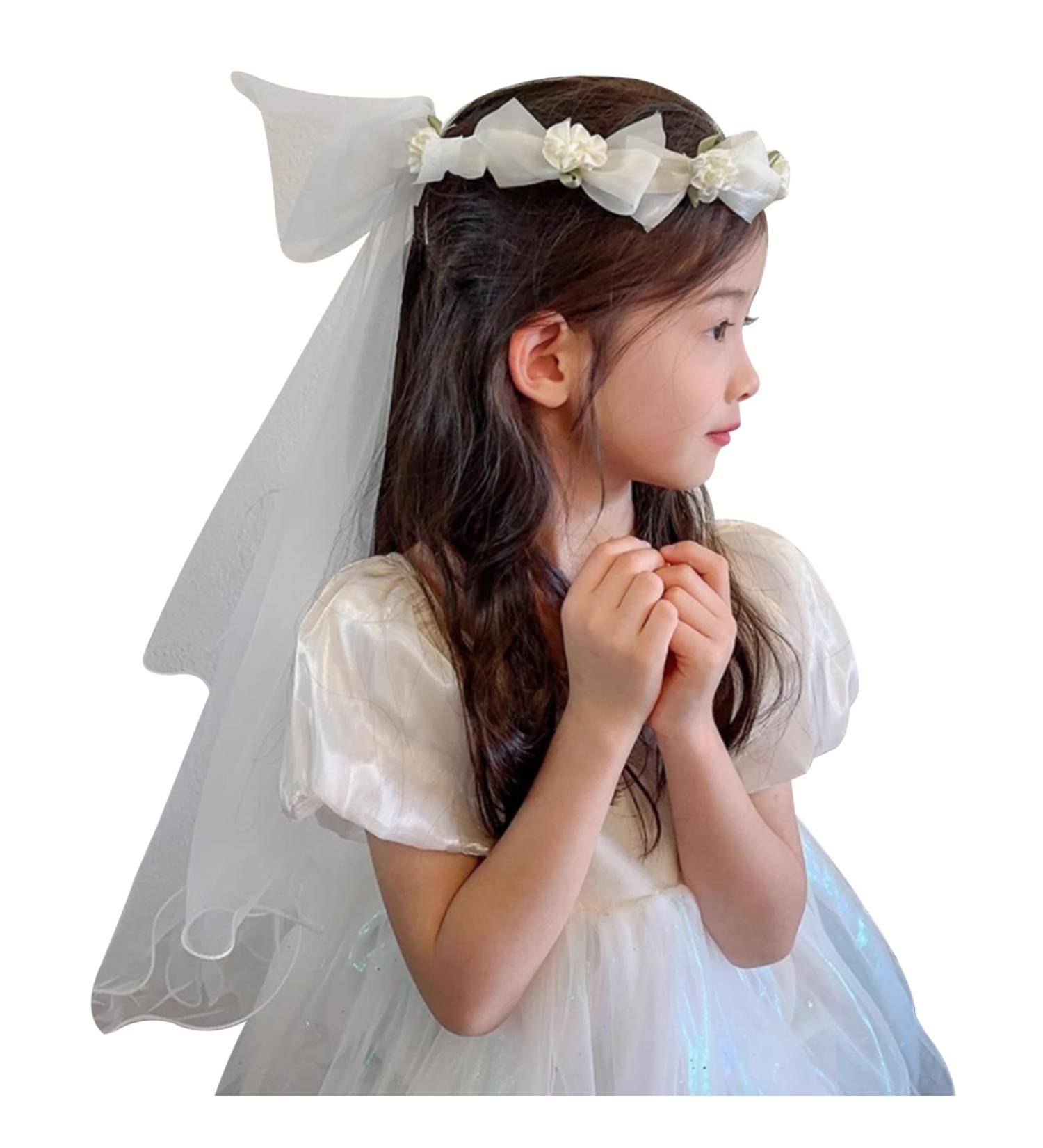 First Communion Veil with Light and Crystal First Holy Communion Veil for Girls White Bow and Flower Crown Lace Veil First Communion Headpiece for Girls First Communion Veil - Buy Online on SooperMarket.com