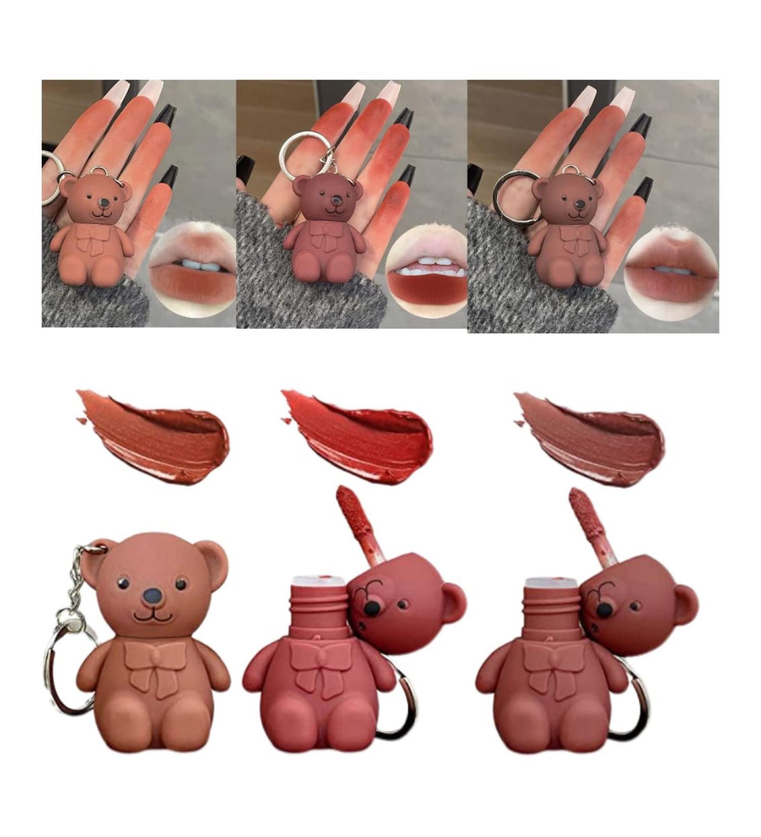 3Pcs Keychain Bear Lipsticks - Cute 2 in 1 Matte Velvet Lipgloss Set for Long-Lasting Moisturizing Lip Color - Waterproof Beauty Makeup with Keychain - (01+02+06) - Buy Online on SooperMarket.com