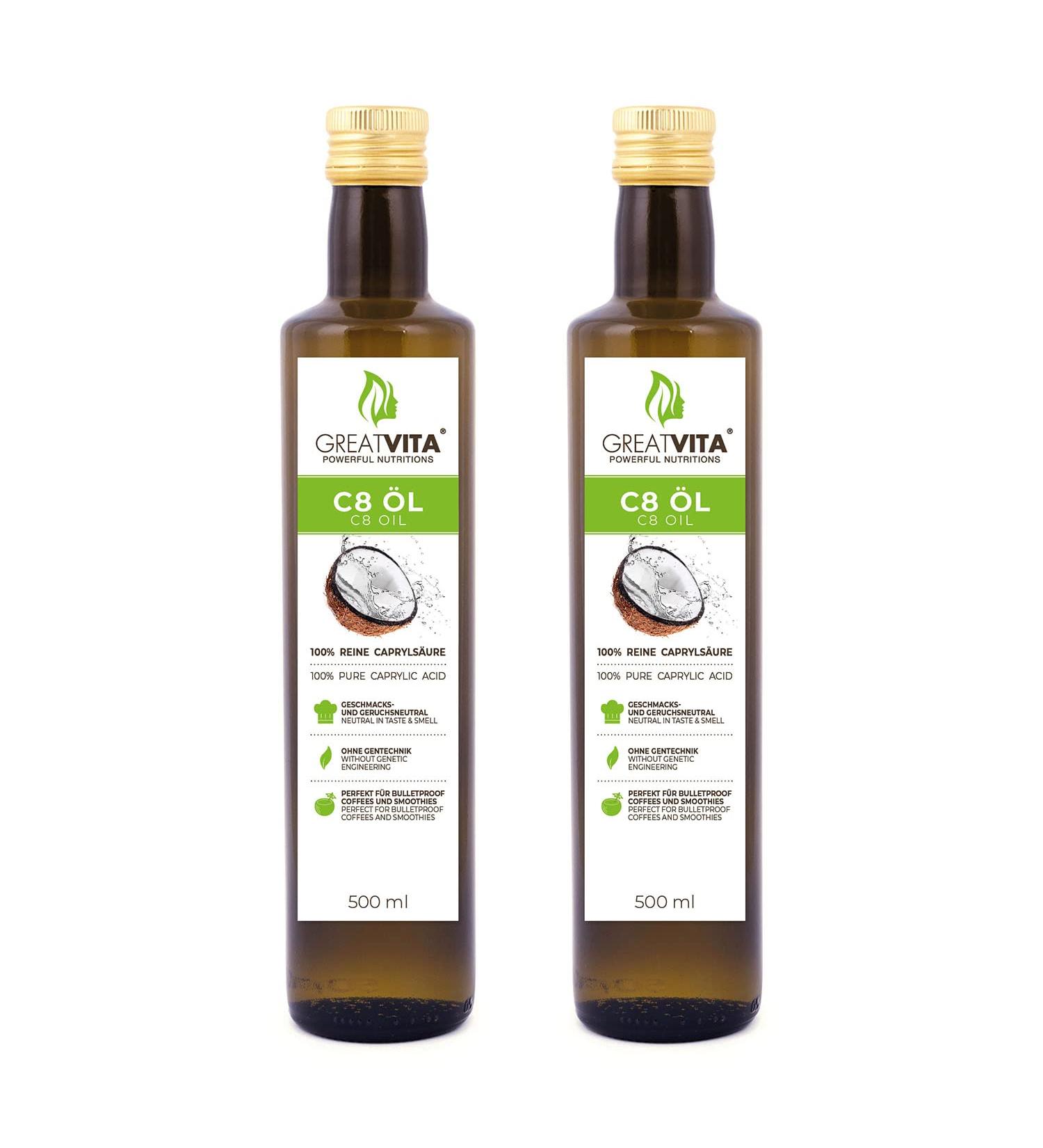 GreatVita C8 Oil 2x500ml | 100% Caprylic Acid MCT Oil | Tasteless Coconut Oil | Premium Quality for International Shipping - Buy Online on SooperMarket.com