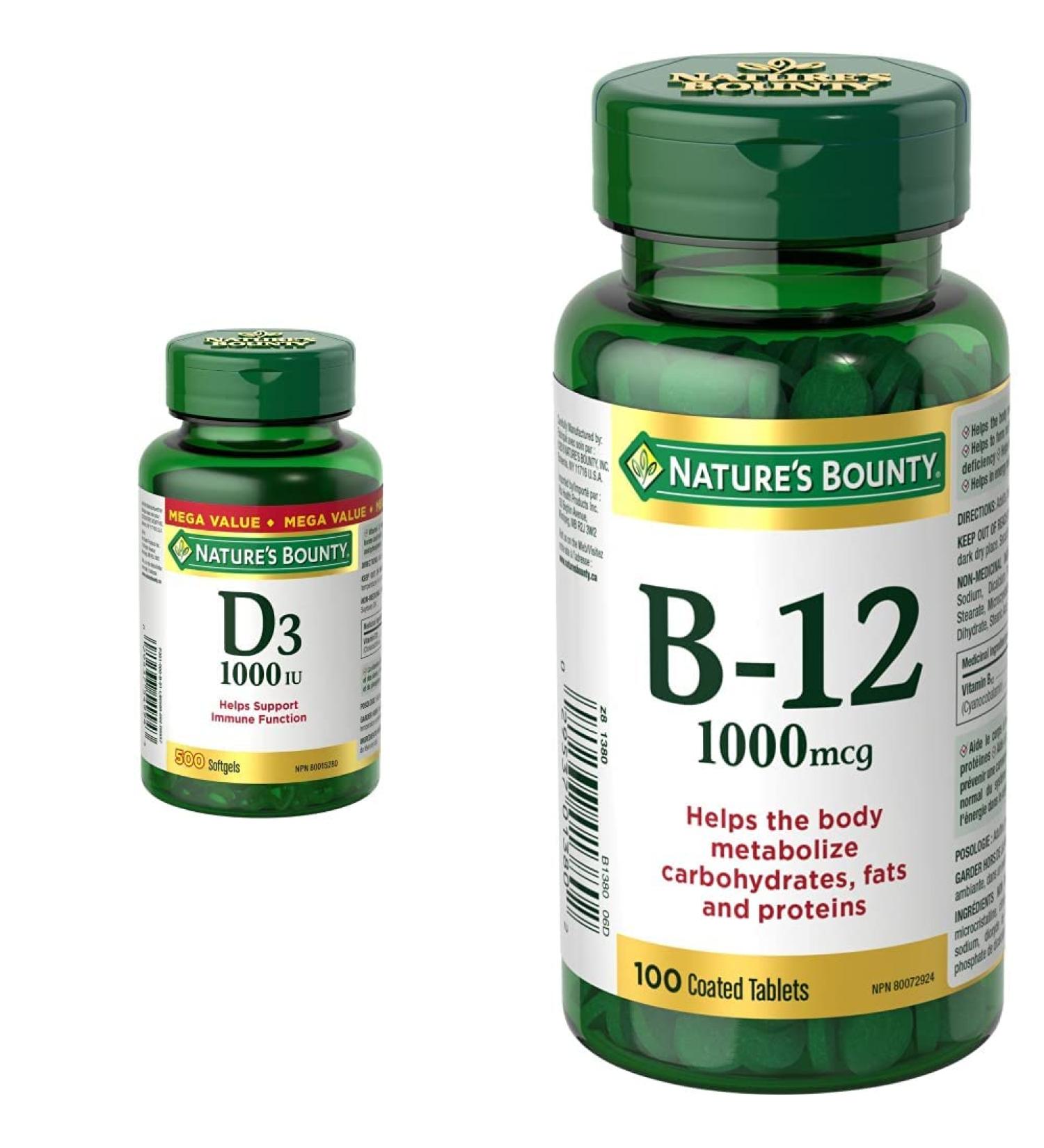 Nature's Bounty Vitamin D3 (1000IU 500 Softgels) and Vitamin B12 (1000mcg 100 Tablets) Bundle - Buy Online on SooperMarket.com