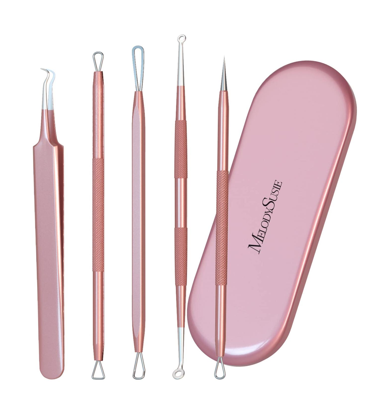 MelodySusie Blackhead Remover Kit - Professional Stainless Pimple Popper Tool for Nose & Face - Comedone Extractor & Blemish Whitehead Tool with Metal Case - Pink - Buy Online on SooperMarket.com