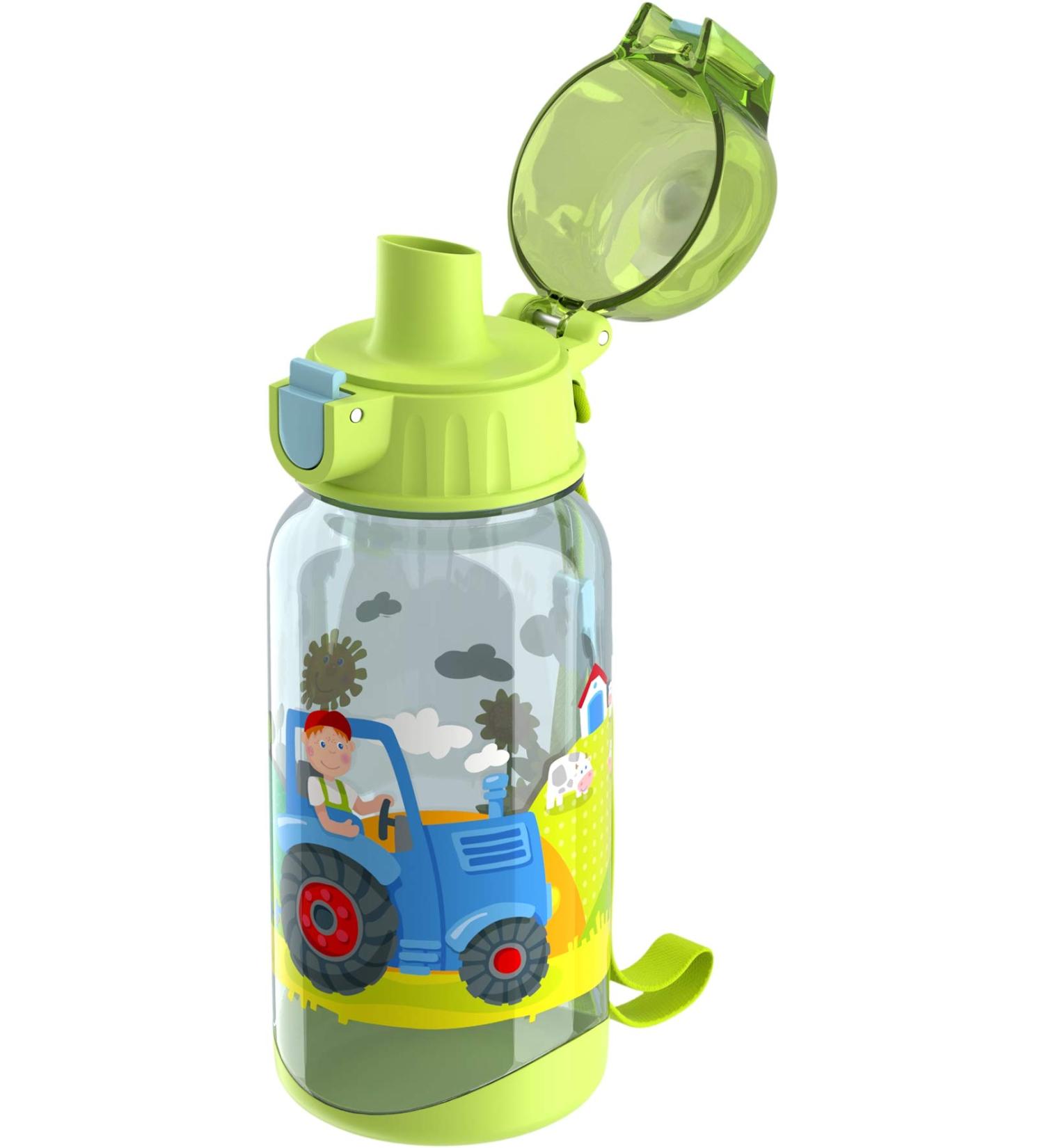 HABA 304486-drinking bottle tractor 400ml children's drinking bottle with a tractor motif in green for kindergarten or school BPA free plastic dishwasher-safe light green