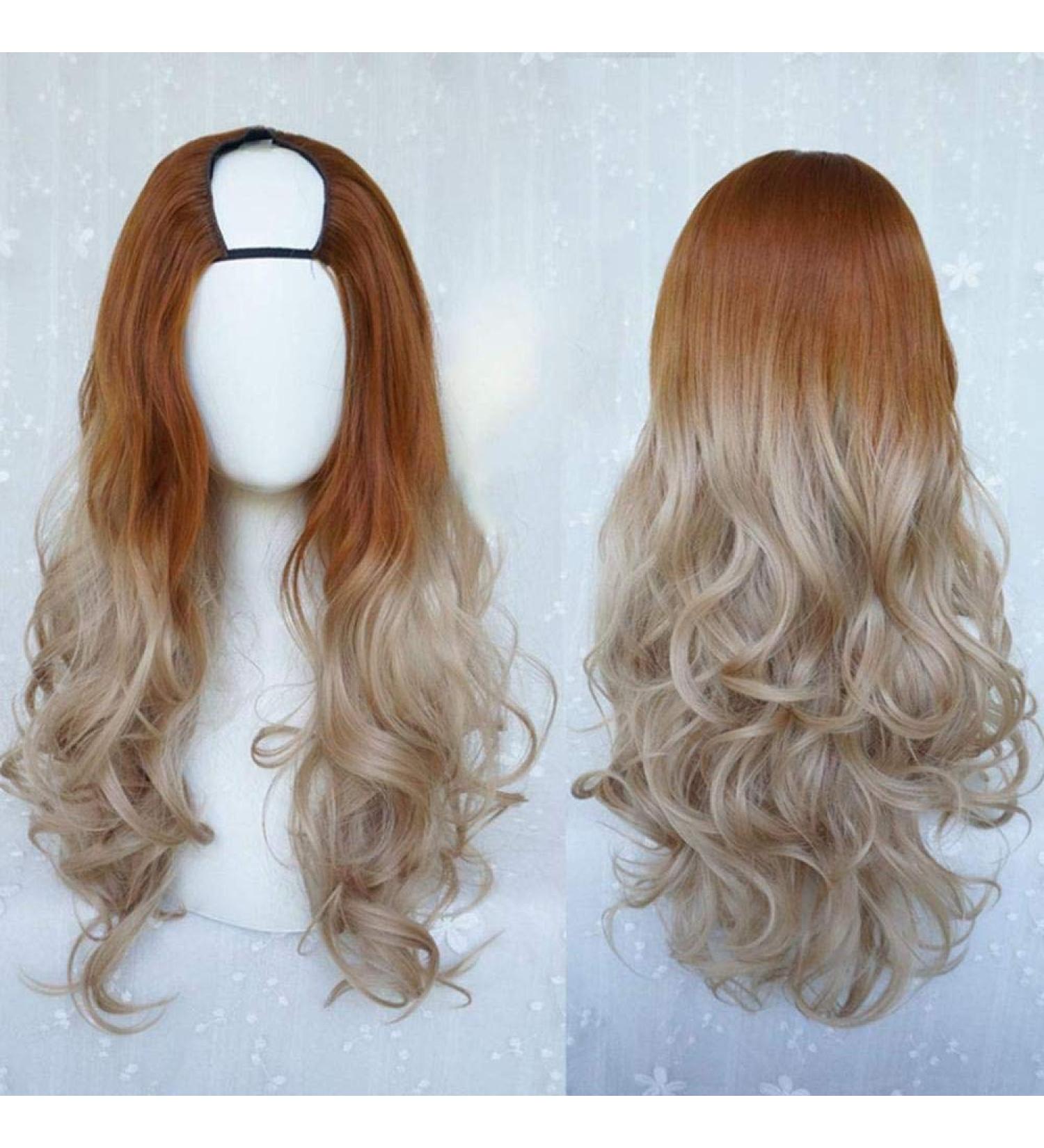 Shop Harajuku Fashion Long Wavy Curly U Shaped Wigs - Heat Resistant Synthetic Gradient Hair for Girls | 28 Inches - Buy Online on SooperMarket.com