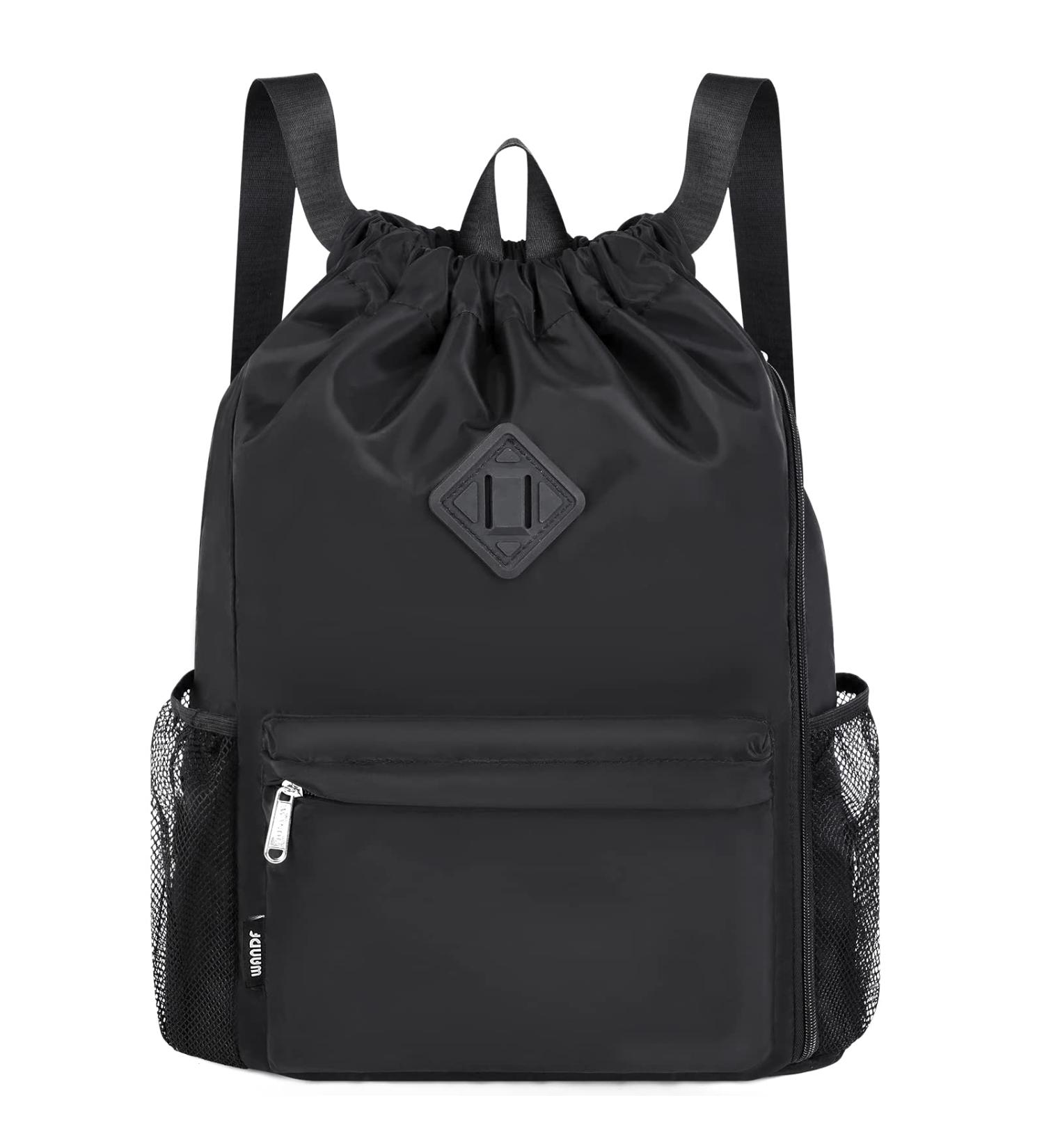WANDF Drawstring Backpack Sports Gym Bag with Shoes Compartment - Water-Resistant Cinch String Backpack for Men and Women (Large Black) - Buy Online on SooperMarket.com