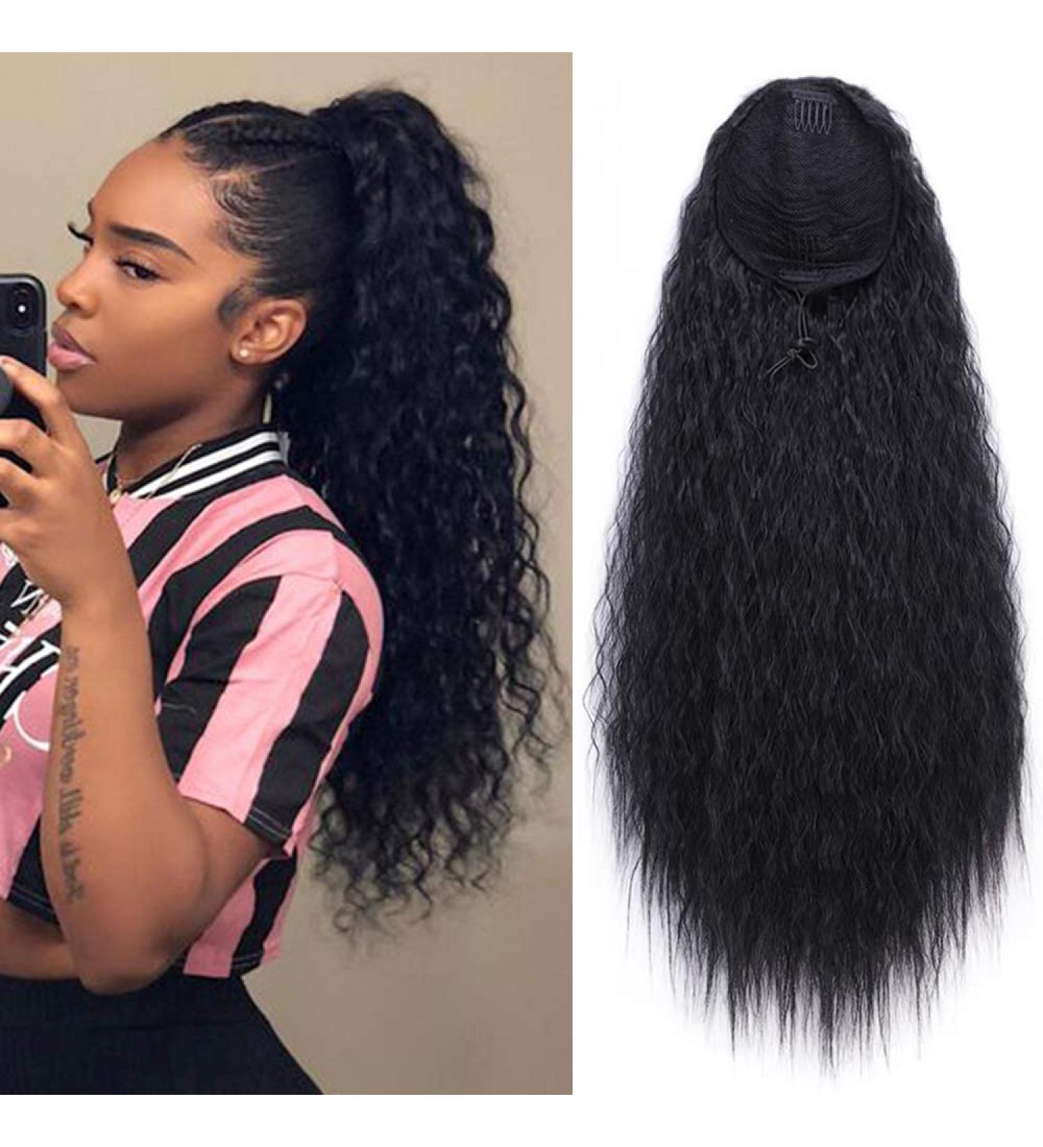 AISI BEAUTY 22 inch Long Curly Drawstring Ponytail Extension for Women | Clip in Wavy Natural Ponytail | (1B) - Buy Online on SooperMarket.com