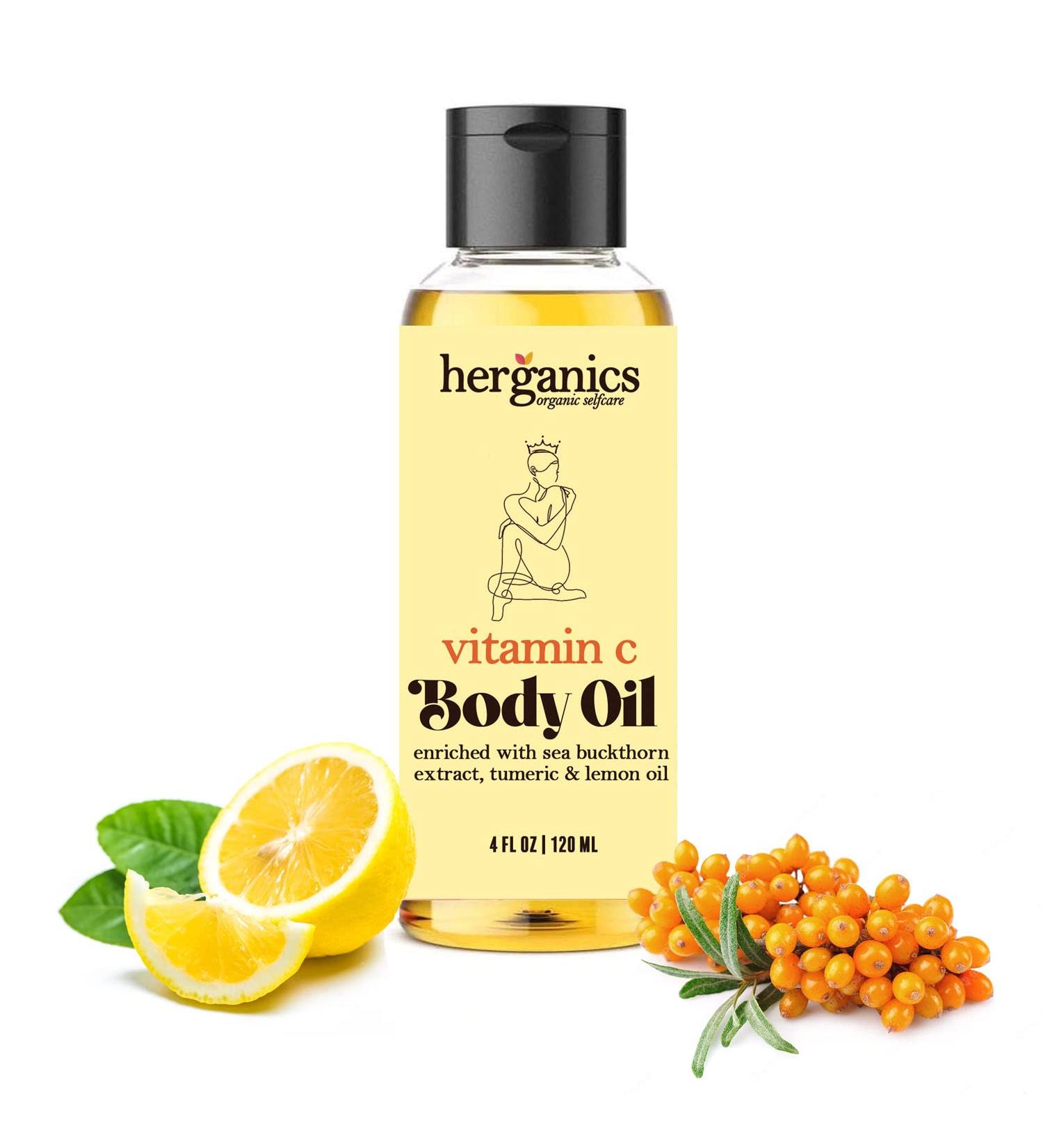 Herganics Vitamin C Oil: Brightening Serum for Face & Body with Gua Sha for Lymphatic Drainage - Buy Online on SooperMarket.com