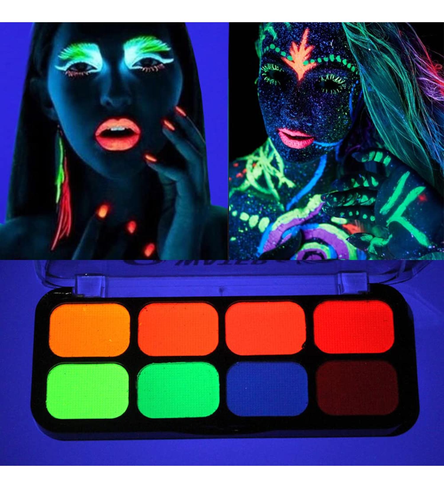 8 Colors Glow In The Dark Face & Body Paint - Neon Fluorescent Makeup for Halloween Parties & Costumes - Water Based UV Blacklight Paint - Buy Online on SooperMarket.com