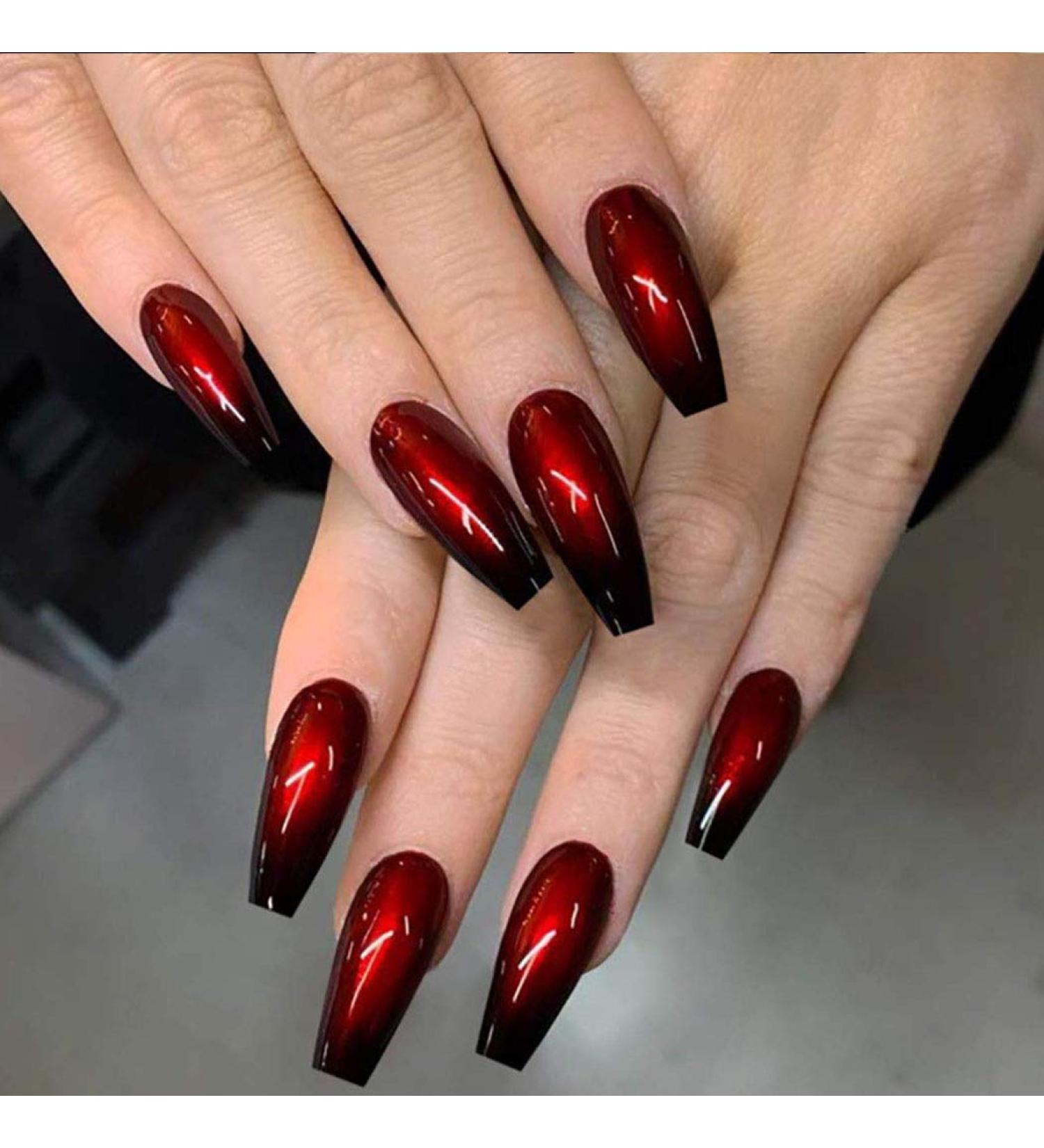 Handcess Coffin Glossy False Nails - Long Black and Red Ballerina Press-On Nails Gradient Acrylic Art Full Cover (24PCs) for Women & Girls - Buy Online on SooperMarket.com