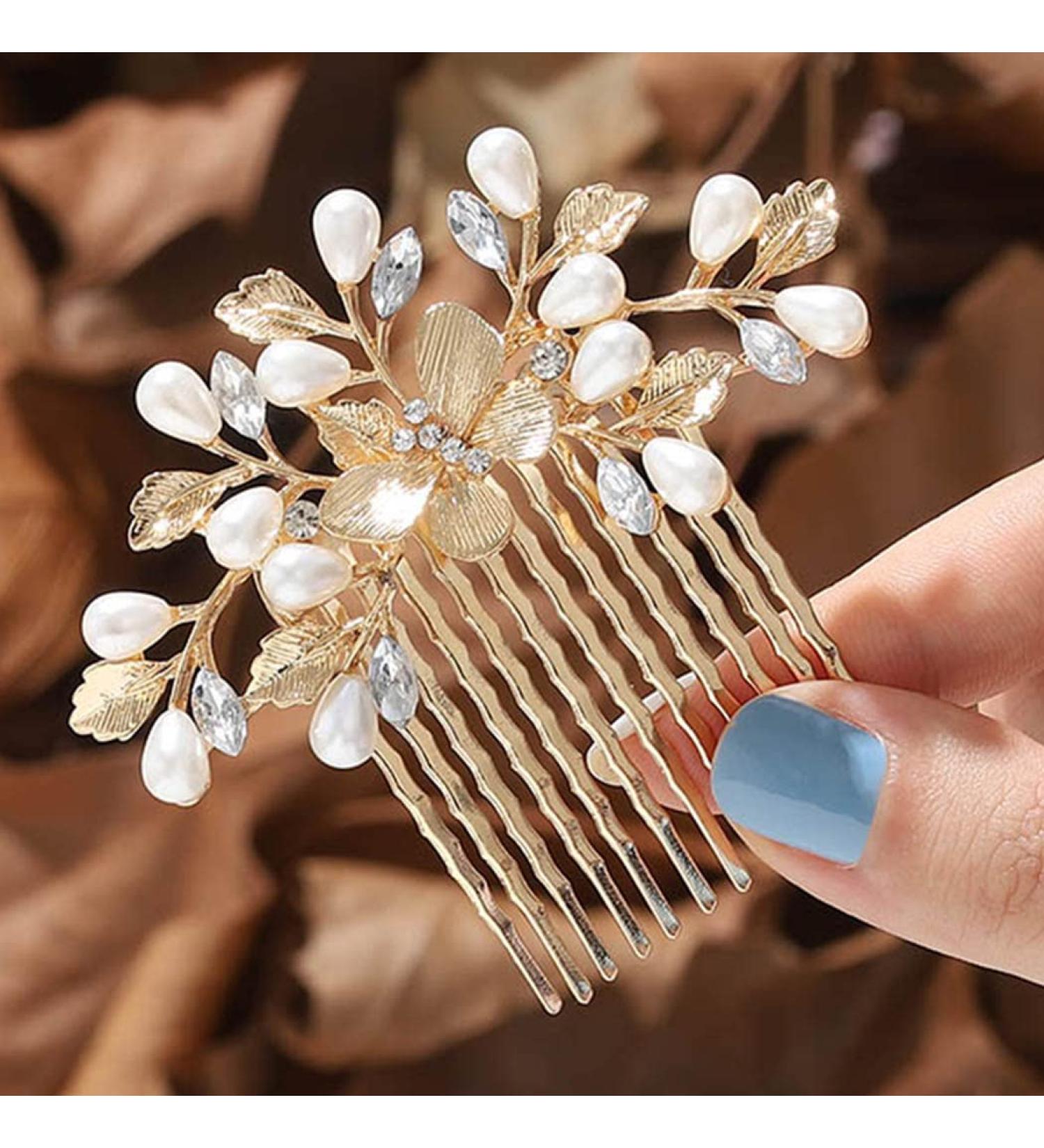 Runmi Bride Wedding Hair Combs Gold Headpieces Pearl Bridal Hair Accessories Leaf Hair Piece for Women and Girls (Gold) - Buy Online on SooperMarket.com