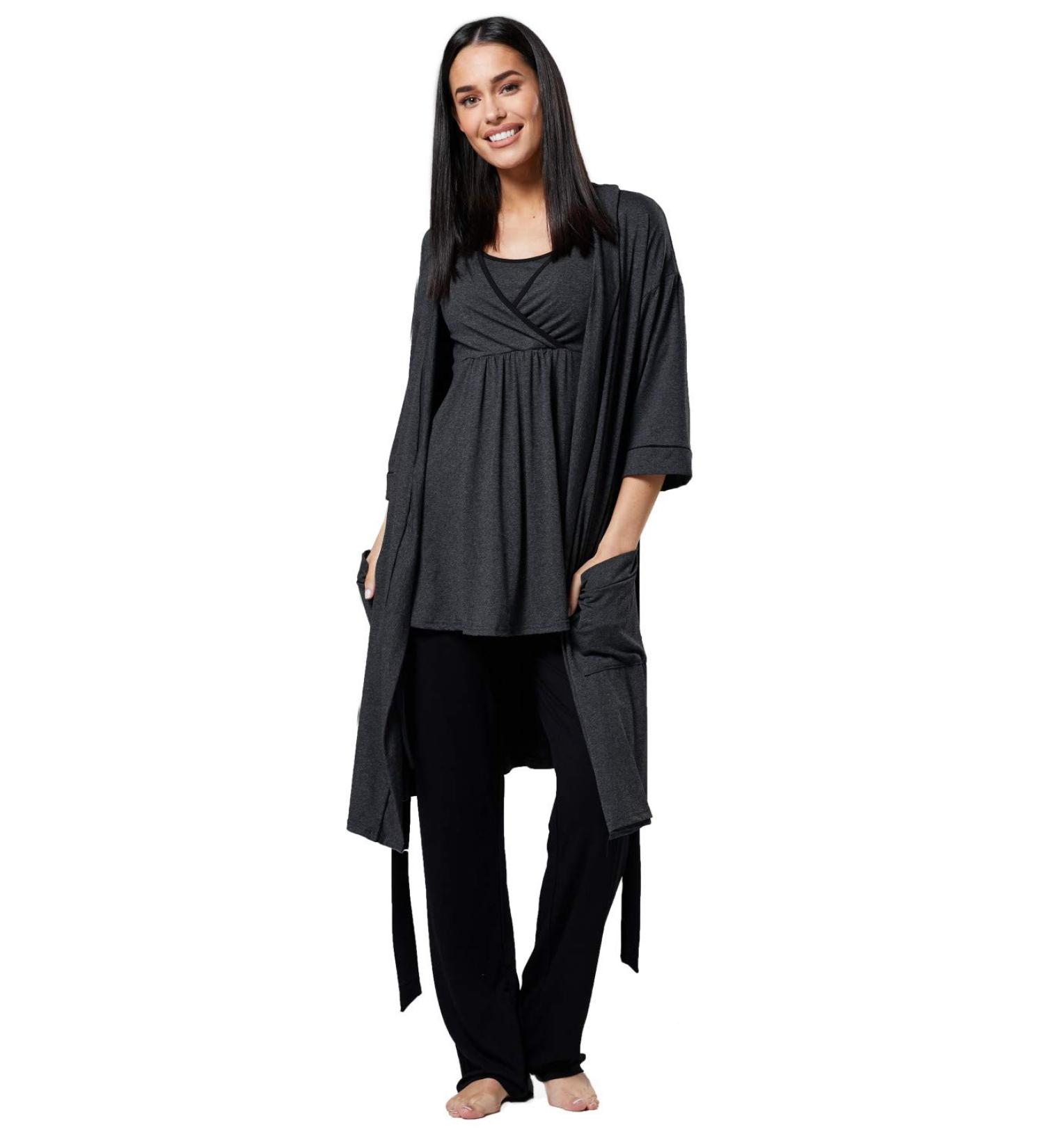 Happy Mama Maternity Nursing 3 Piece Nightwear Set - Graphite Melange & Black - Buy Online on SooperMarket.com