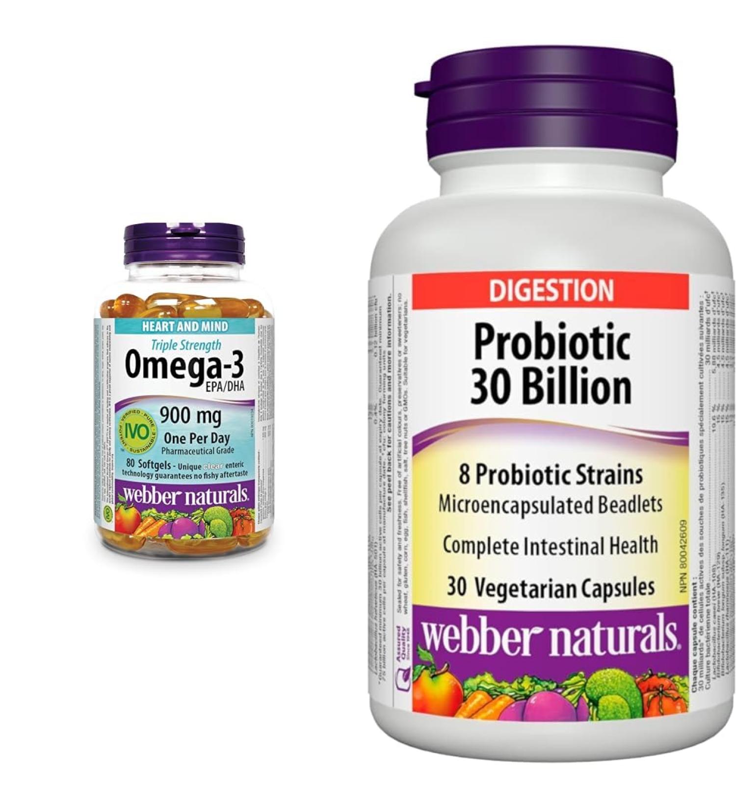 Webber Naturals Omega-3 900 mg Triple Strength & Probiotic 30 Billion Active Cells 8 Probiotic Strains 30 Capsules For Digestive Health Vegetarian 80 Omega + 30 Capsules - Buy Online on SooperMarket.com