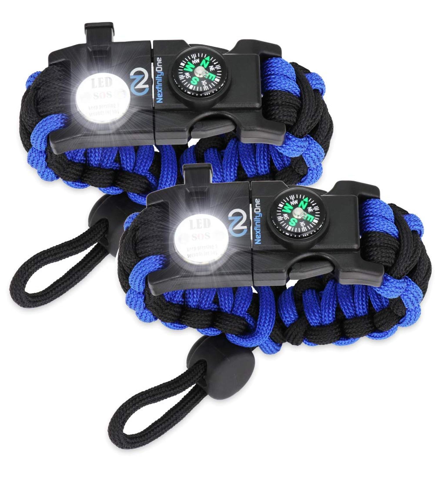 Survival Paracord Bracelet Set of 2 Blue- Tactical Emergency Gear Kit with SOS LED Light, Multitools, Fire Starter, Compass, and Whistle - Buy Online on SooperMarket.com