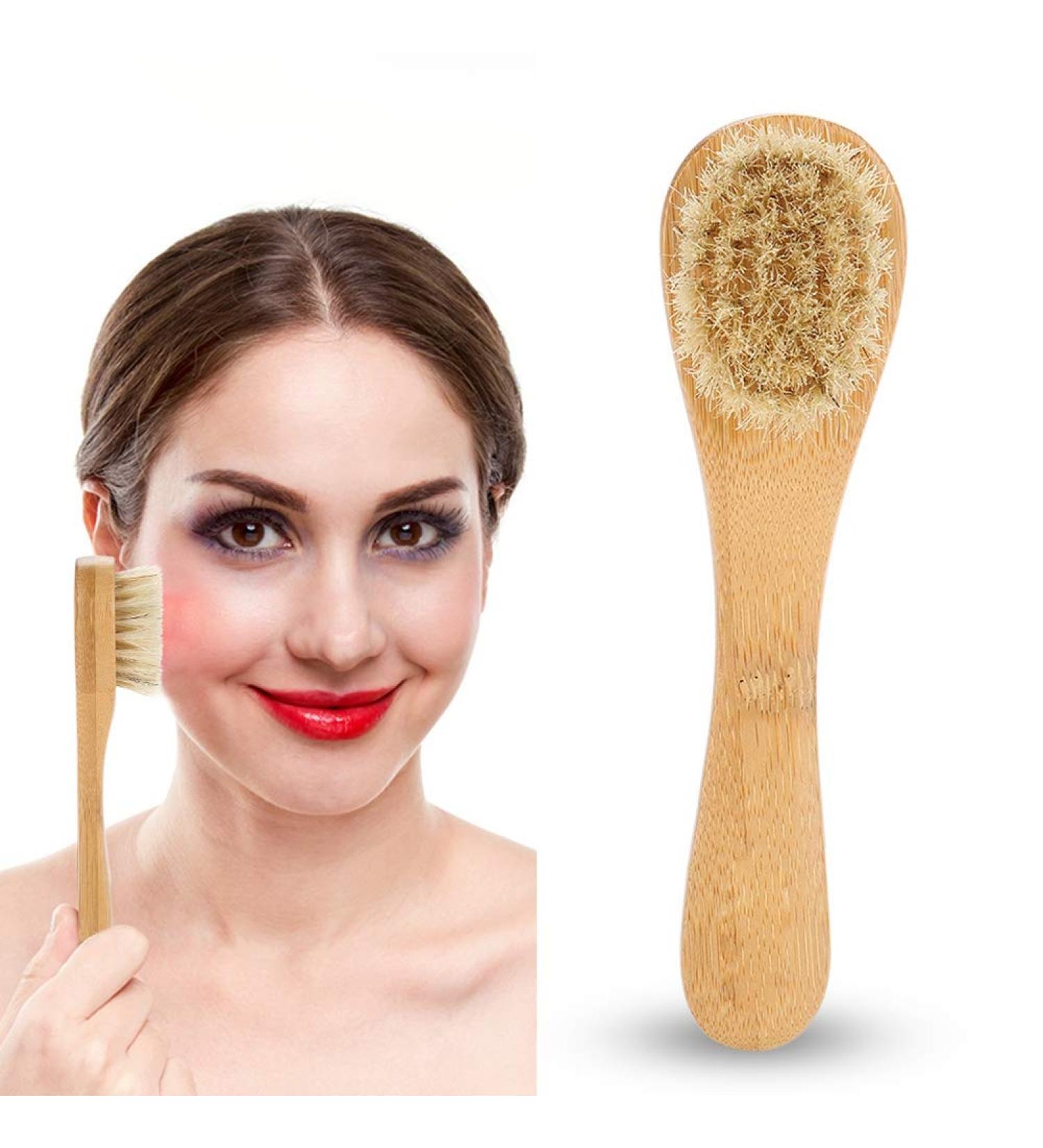 Facial Brush Face Dry Brush Exfoliating Cleaning Skin Facial Dry Brushing Scrubber with Ergonomic Wooden Handle - Buy Online on SooperMarket.com