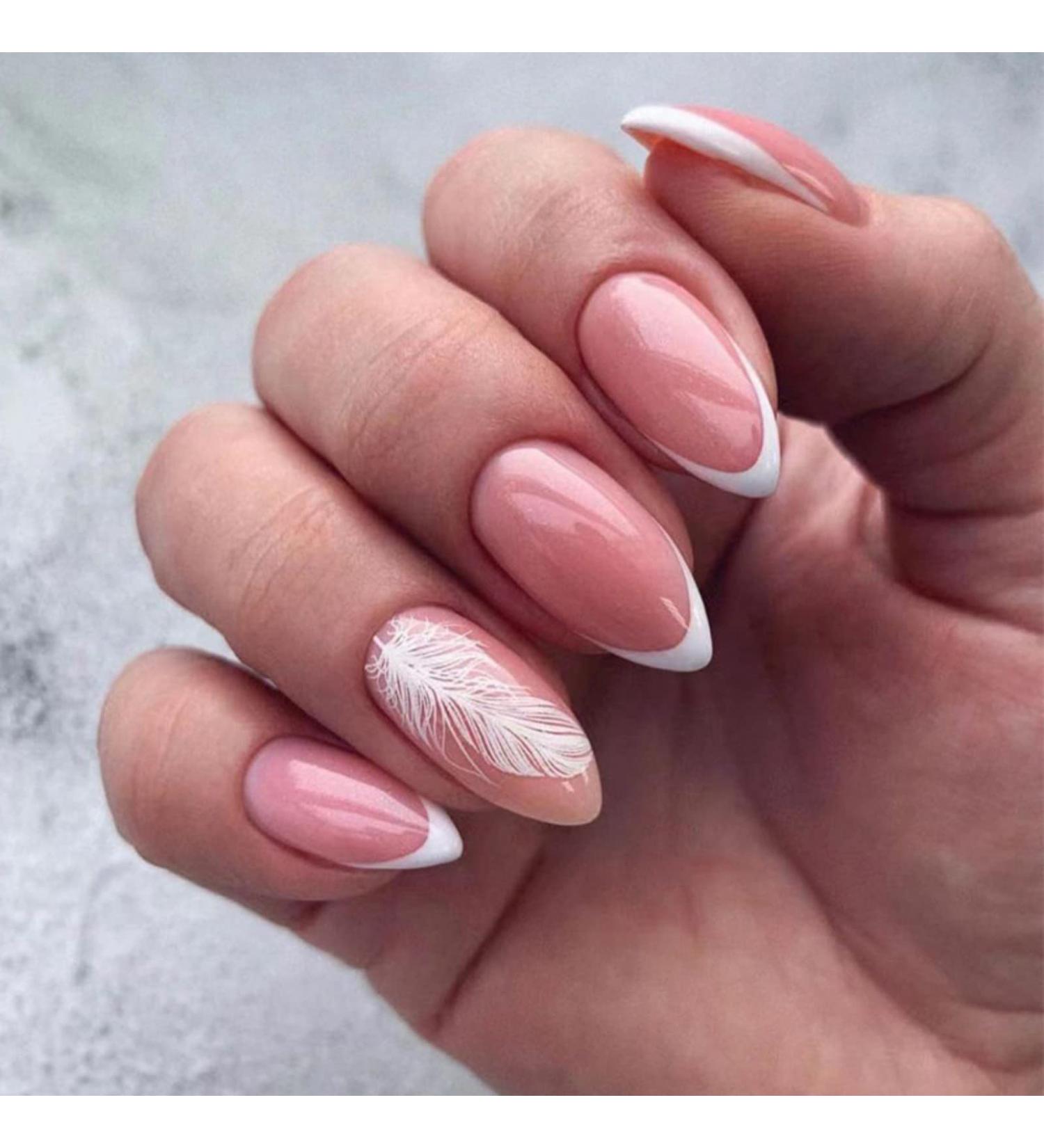 Justotry 24 Pcs Stiletto False Nails Short with Plume Pattern - White French Press On Nails with Nail Glue for Women's Nail Art - Buy Online on SooperMarket.com