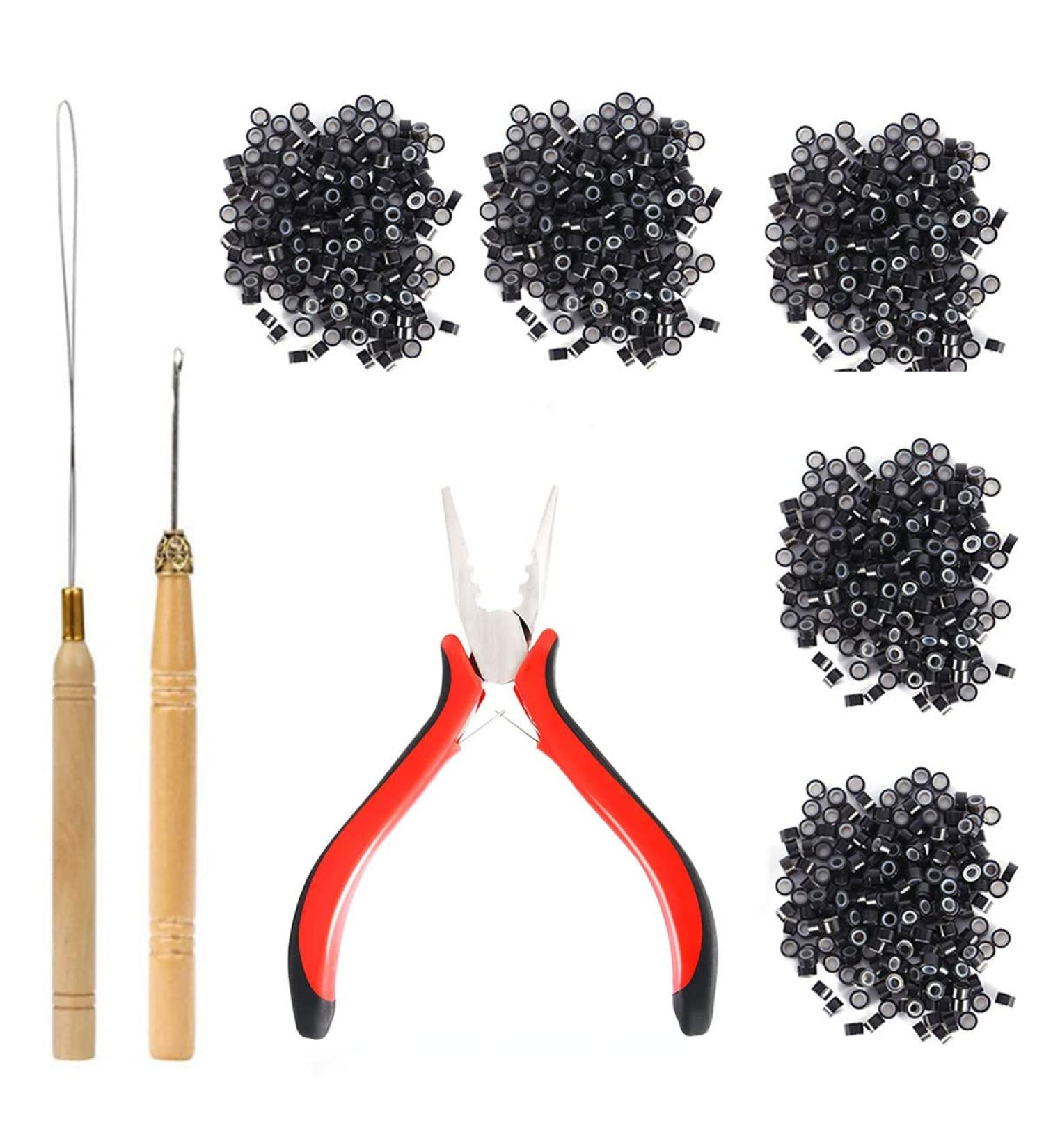 Professional Hair Extensions Tools Kit with 500 Micro Ring Beads, Plier, Hook Needle, Clips - for Fairy Hair Tinsel Strands - Buy Online on SooperMarket.com