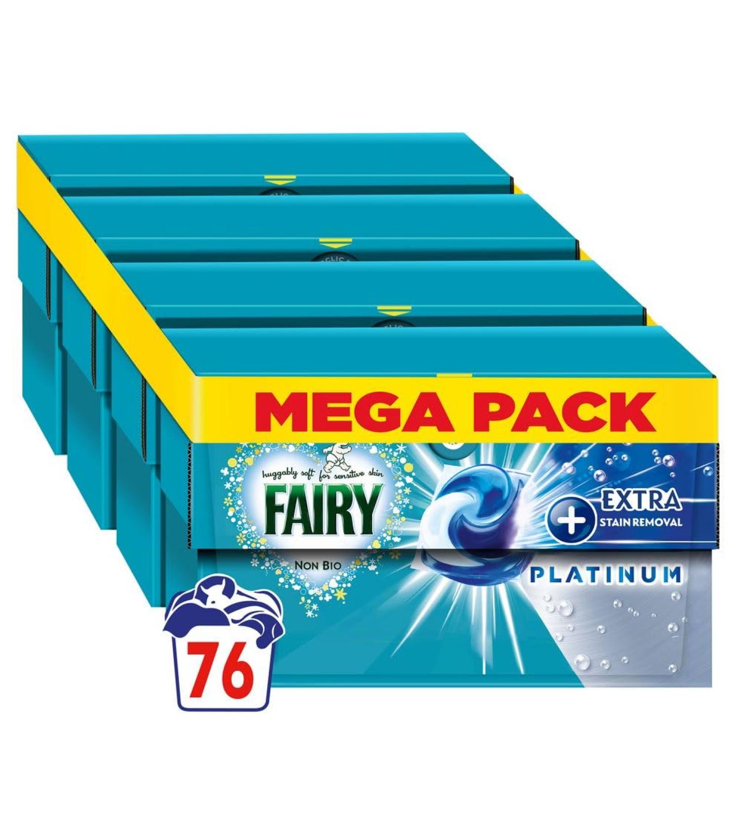Fairy Non Bio All-in-1 PODS Laundry Detergent Washing Liquid Tablets / Capsules 76 Washes (4x19) With Platinum Extra Stain Removal For Sensitive Skin Unscented 76 Count (Pack of 1)
