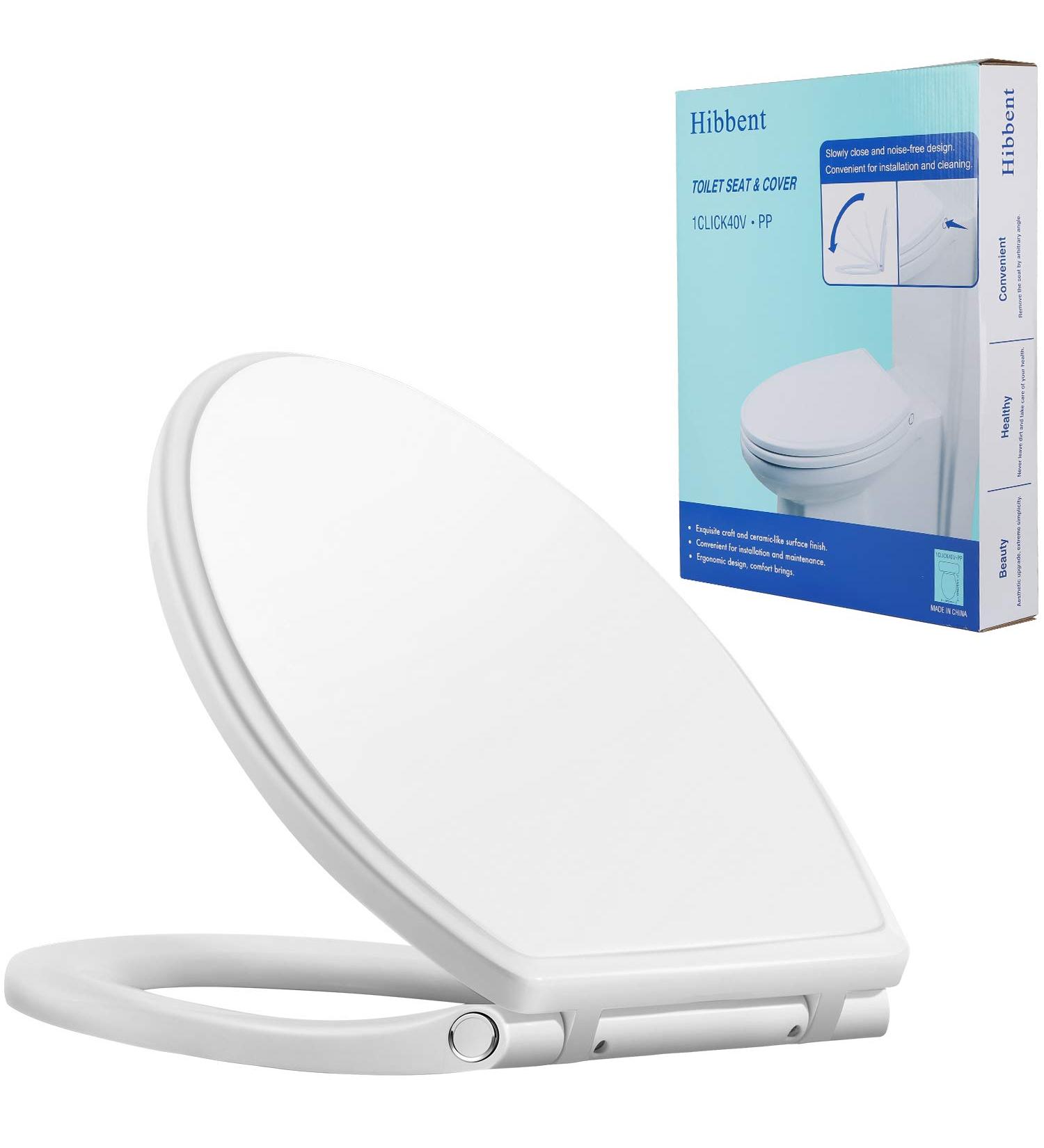 Hibbent Premium One Click Elongated Toilet Seat with Cover - Easy Installation, Quick-Release, Soft Closed - Stable Hinge Design - 18.5'' White Color - Buy Online on SooperMarket.com