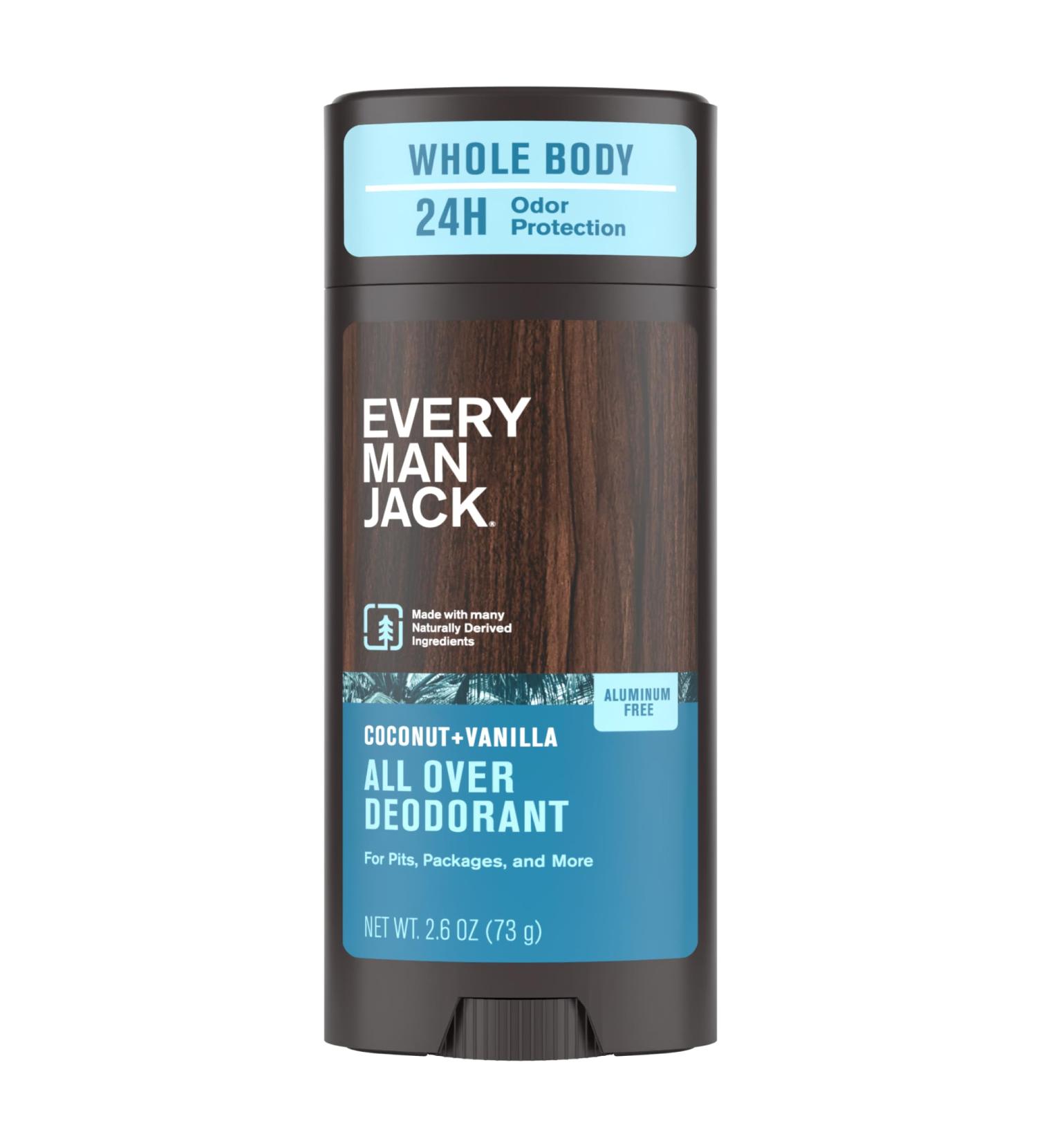 Every Man Jack All Over Deodorant - 24 Hour Whole Body Odor Protection - Aluminum Free - Coconut + Vanilla Scent 2.6 oz (1 Pack) Coconut + Vanilla 2.6 oz (Pack of 1) - Buy Online on SooperMarket.com