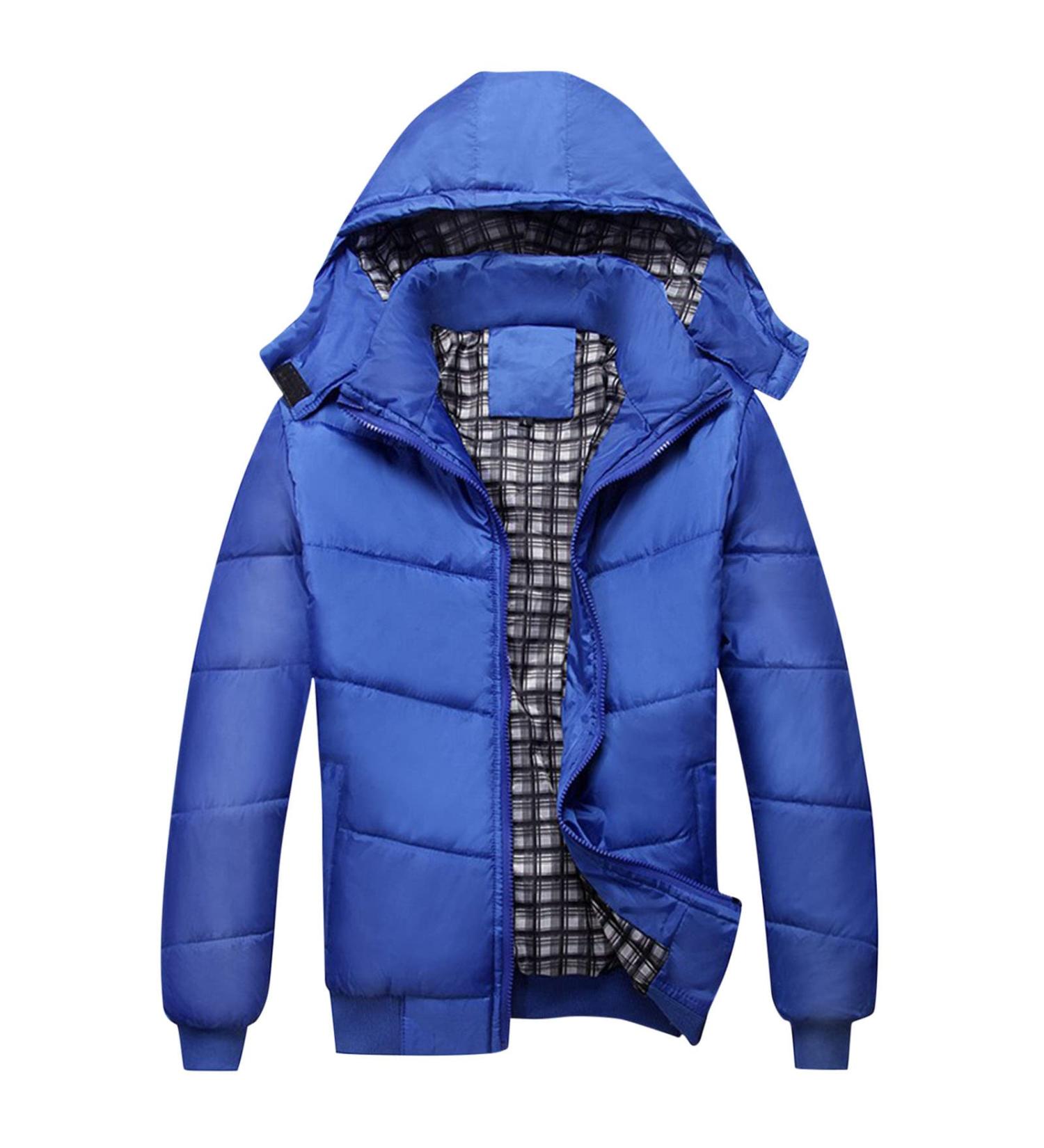 Winter Men's Padded Hooded Coat | Blue X-Large Puffer Jacket with Pockets - Buy Online on SooperMarket.com