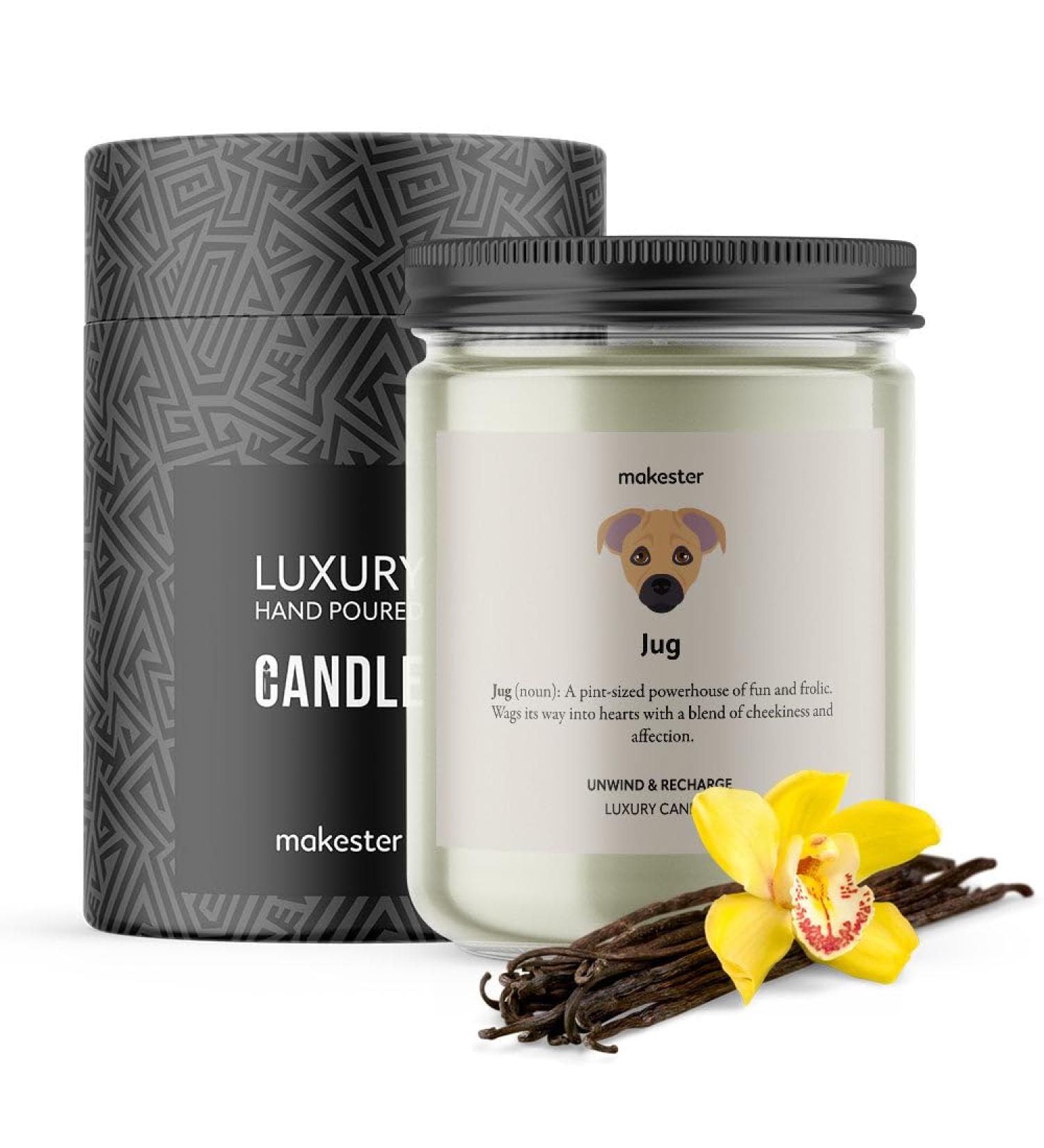 220g Soy Wax Jug Candle with Vanilla Jasmine & Sugared Almond - Dog Candles Gift by Makester - Buy Online on SooperMarket.com