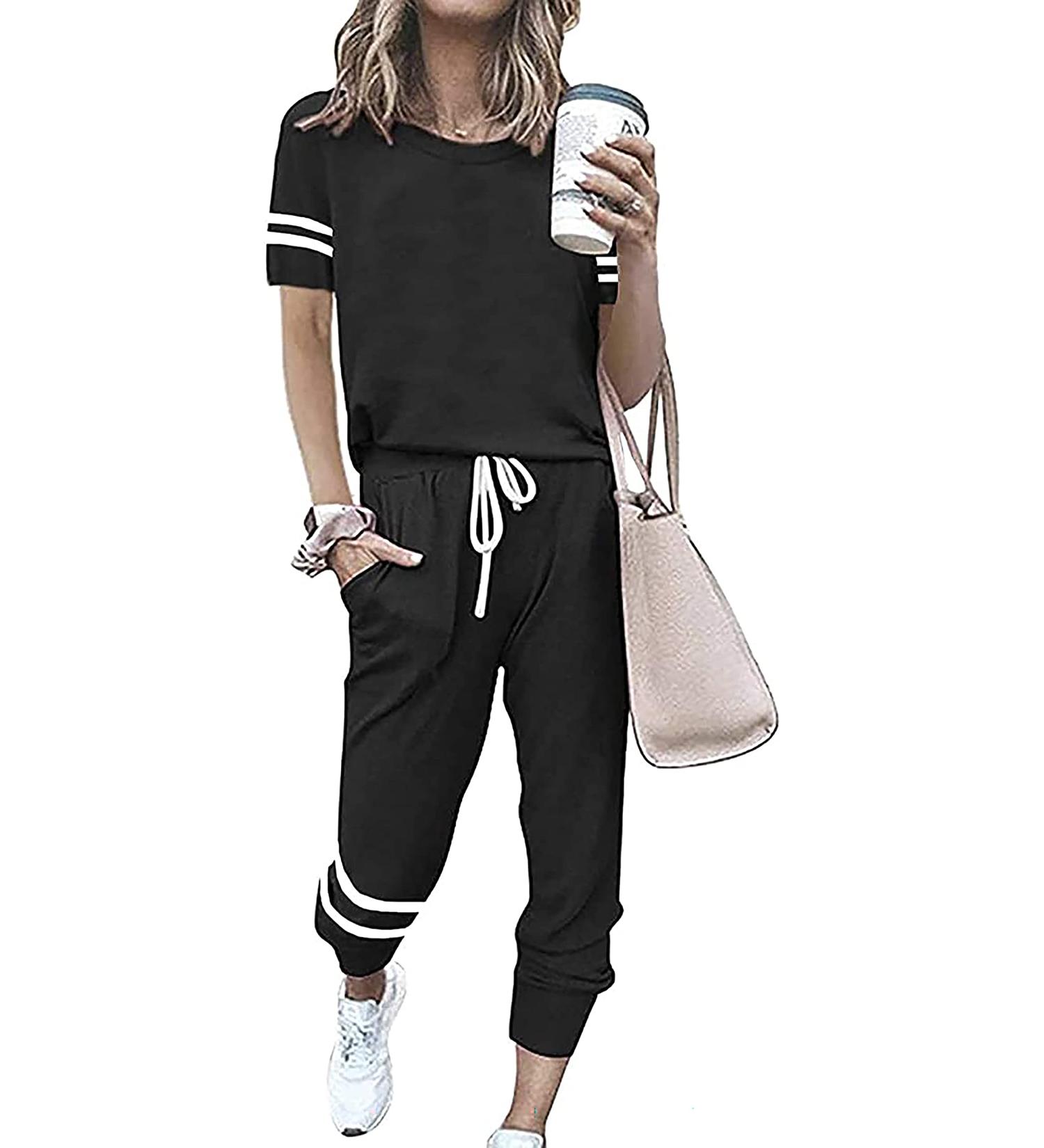 PRETTYGARDEN Women's Striped Two Piece Lounge Set | Short Sleeve Pullover & Long Pants Tracksuit | Black, X-Large - Buy Online on SooperMarket.com