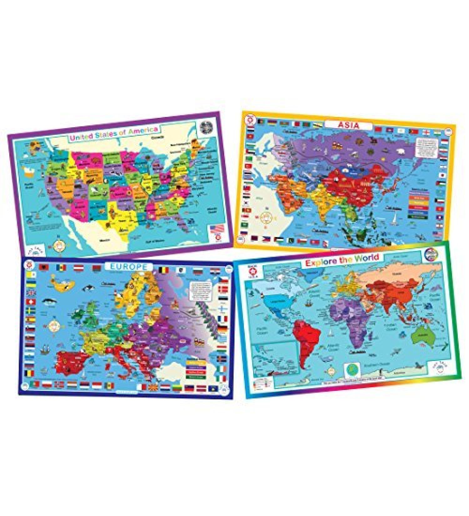 Tot Talk Geography Placemats for Kids - Map Placemats for Kids  Set of 4 Maps: USA  World  Asia  Europe - Reversible with Activities on The Back - Waterproof  Wipeable  Durable  Made in The USA