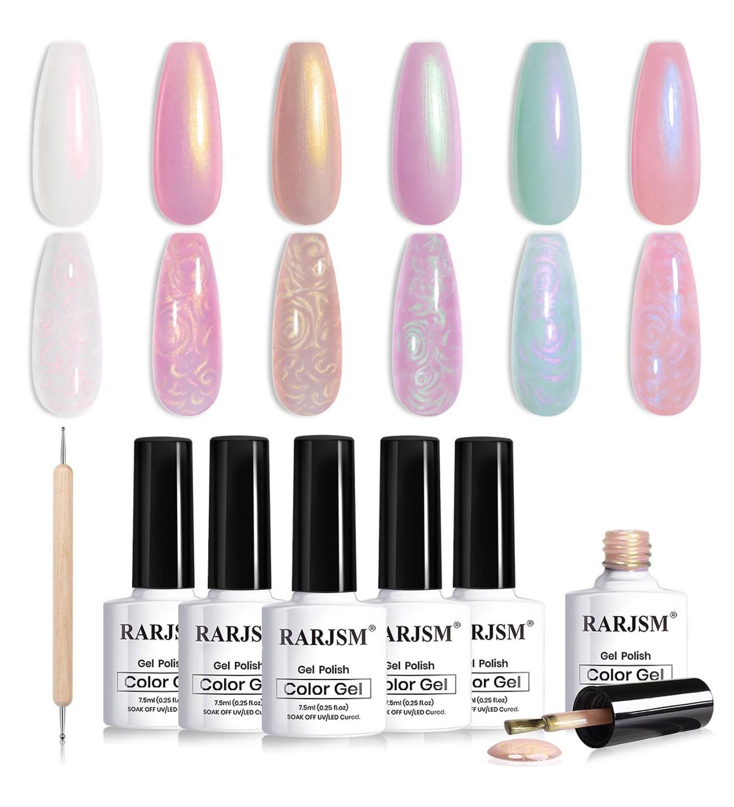 RARJSM Pearl Gel Nail Polish Set 6 Colors Aurora Pink White Green Purple Shimmer Mermaid Shell Glitter Pearlescent Gel Polishes Swirl Thread Effect Gel Soak Off LED UV Curing Requires Home Salon Use Elf Pearl - Buy Online on SooperMarket.com
