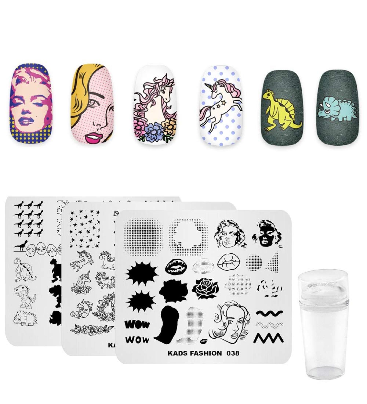 4PC Nail Art Stamping Plates Set - Unicorn Dinosaurs & Comic Designs with Polish Stamper | Multi-Pattern Templates for Creative Nail Art - Buy Online on SooperMarket.com