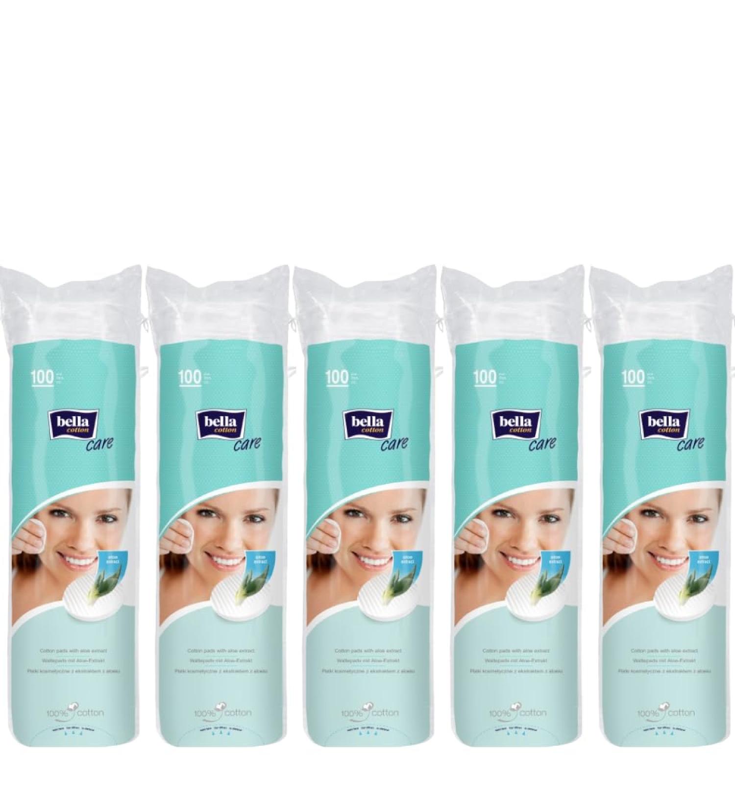 Bella Cotton Cotton Pads Duo with Aloe Vera 100% Cotton Pack of 5 (5 x 100 pieces) All-rounder for home and on the go