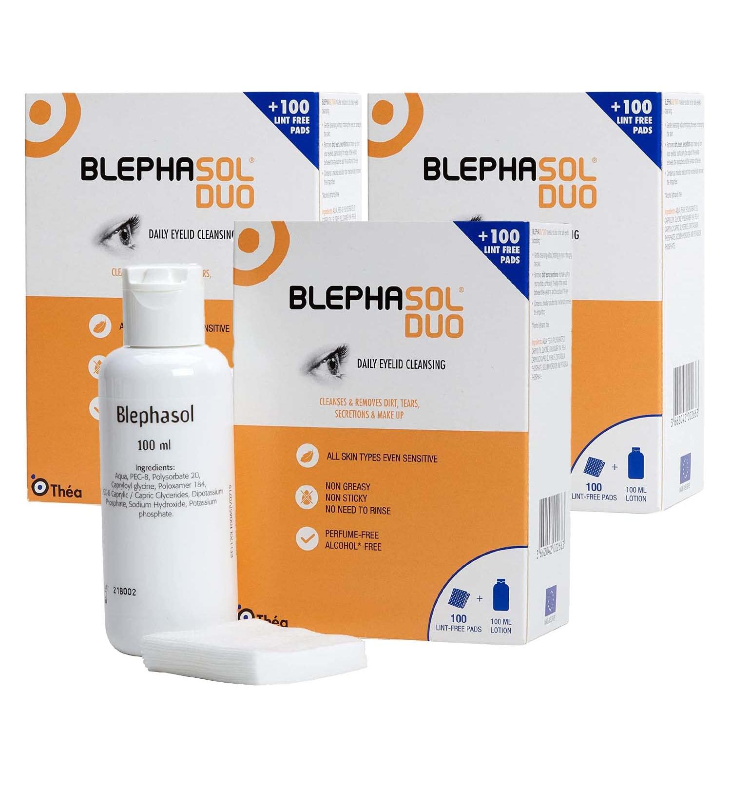 3 x Blephasol Duo 100 ml Micellar Eyelid Cleansing Lotion with Lint-Free Pads | Gentle Makeup Remover for Inflamed & Sensitive Eyelids - Buy Online on SooperMarket.com