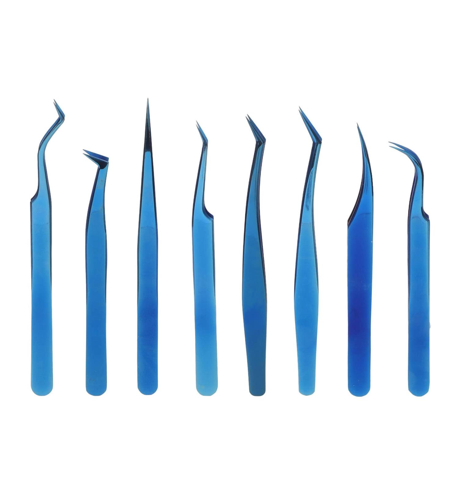 8-Piece Stainless Steel Eyelash Tweezers Set - Fine Tip Ergonomic Blue Titanium Eye Makeup Tools for Women - Portable & Durable - Buy Online on SooperMarket.com