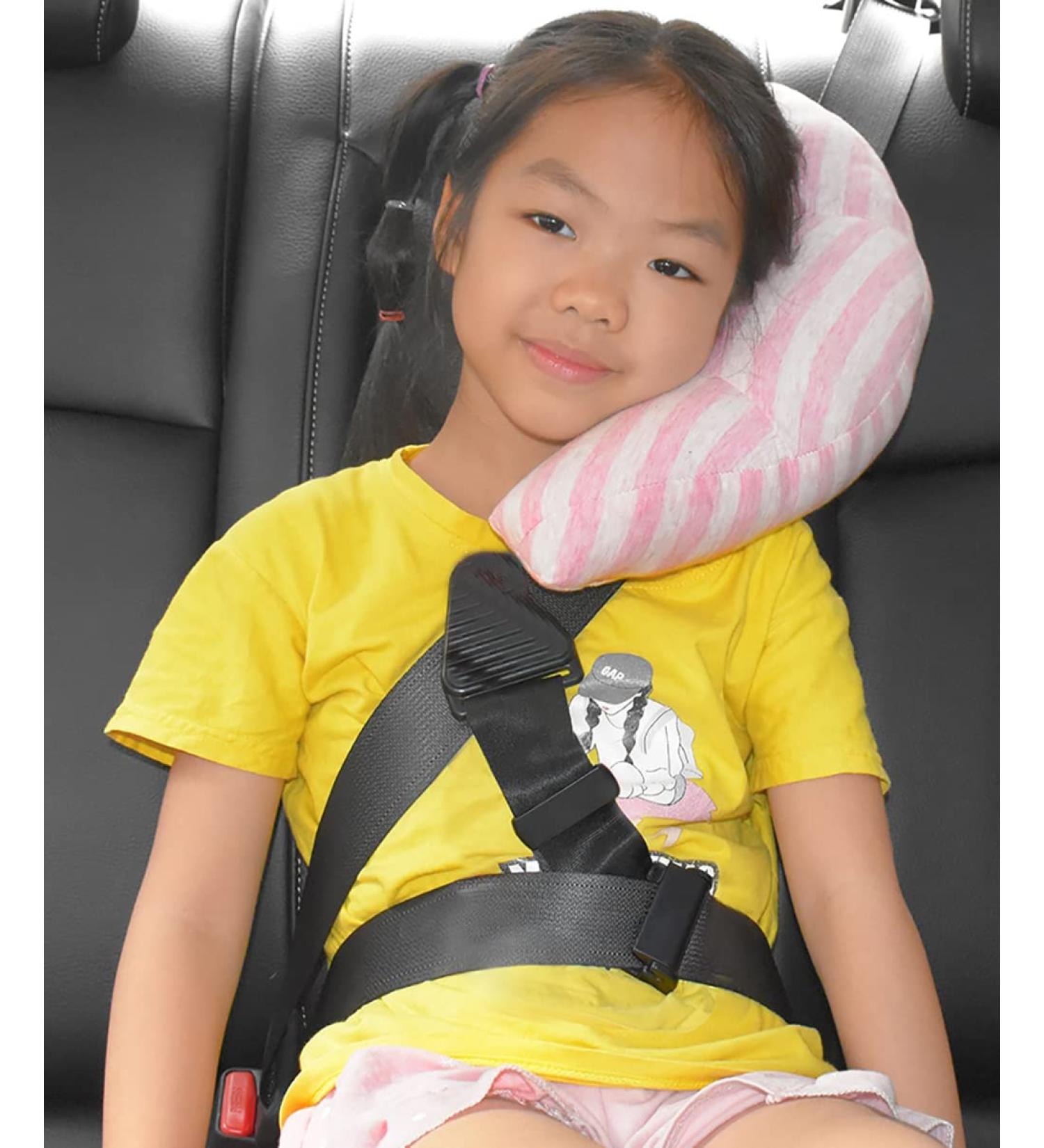 Kids Car Travel Pillow - Neck Support & Seat Belt Cushion for Toddlers - Pink Stripe - Buy Online on SooperMarket.com