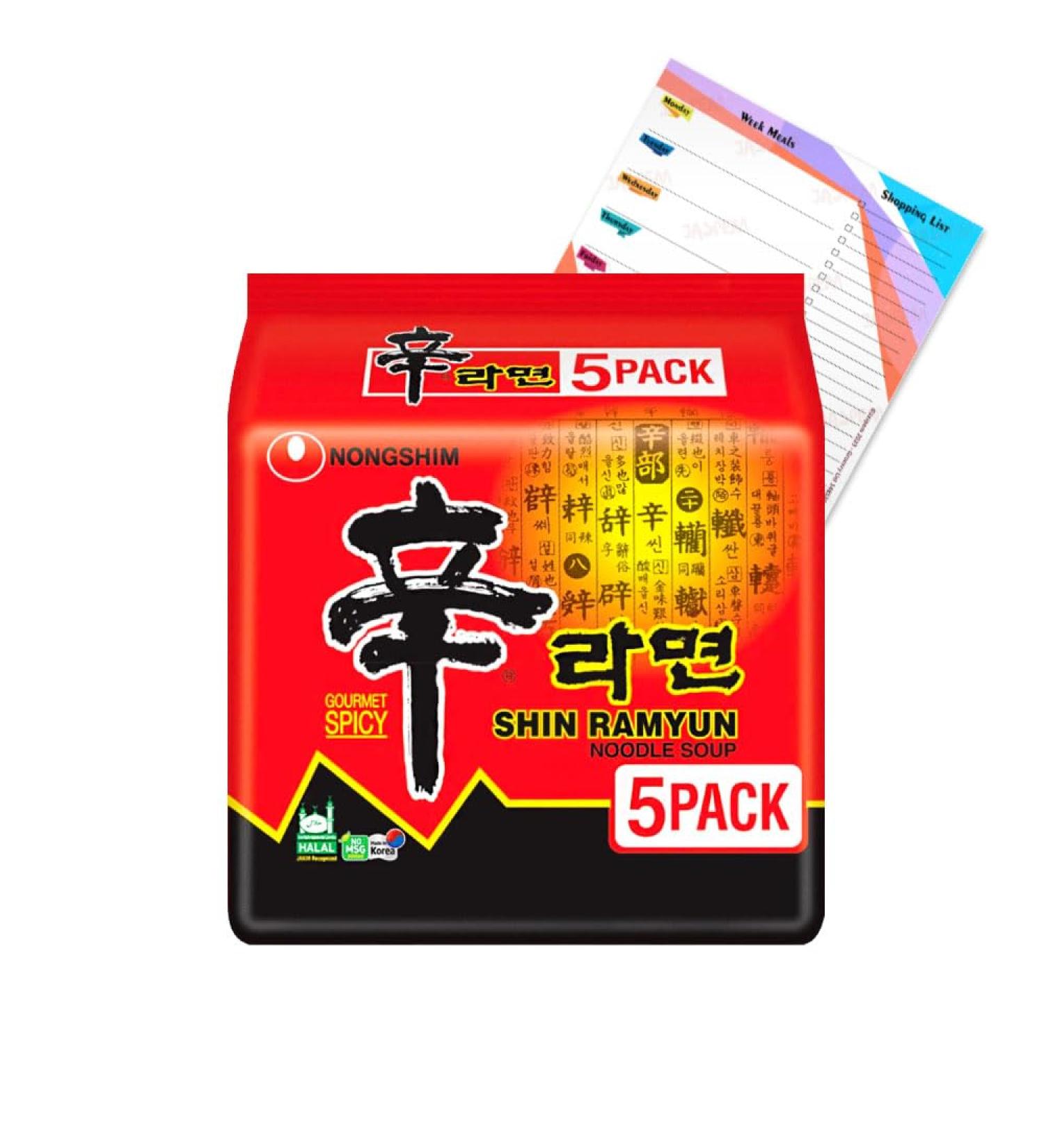 Nongshim Shin Ramyun Instant Noodle Soup Spicy Gourmet Korean Ramen 600g (5x 120g Pack) Quick Meal Hot & Savory Family Pack Noodles Dish | Included Jaspem Meal Planner - Buy Online on SooperMarket.com