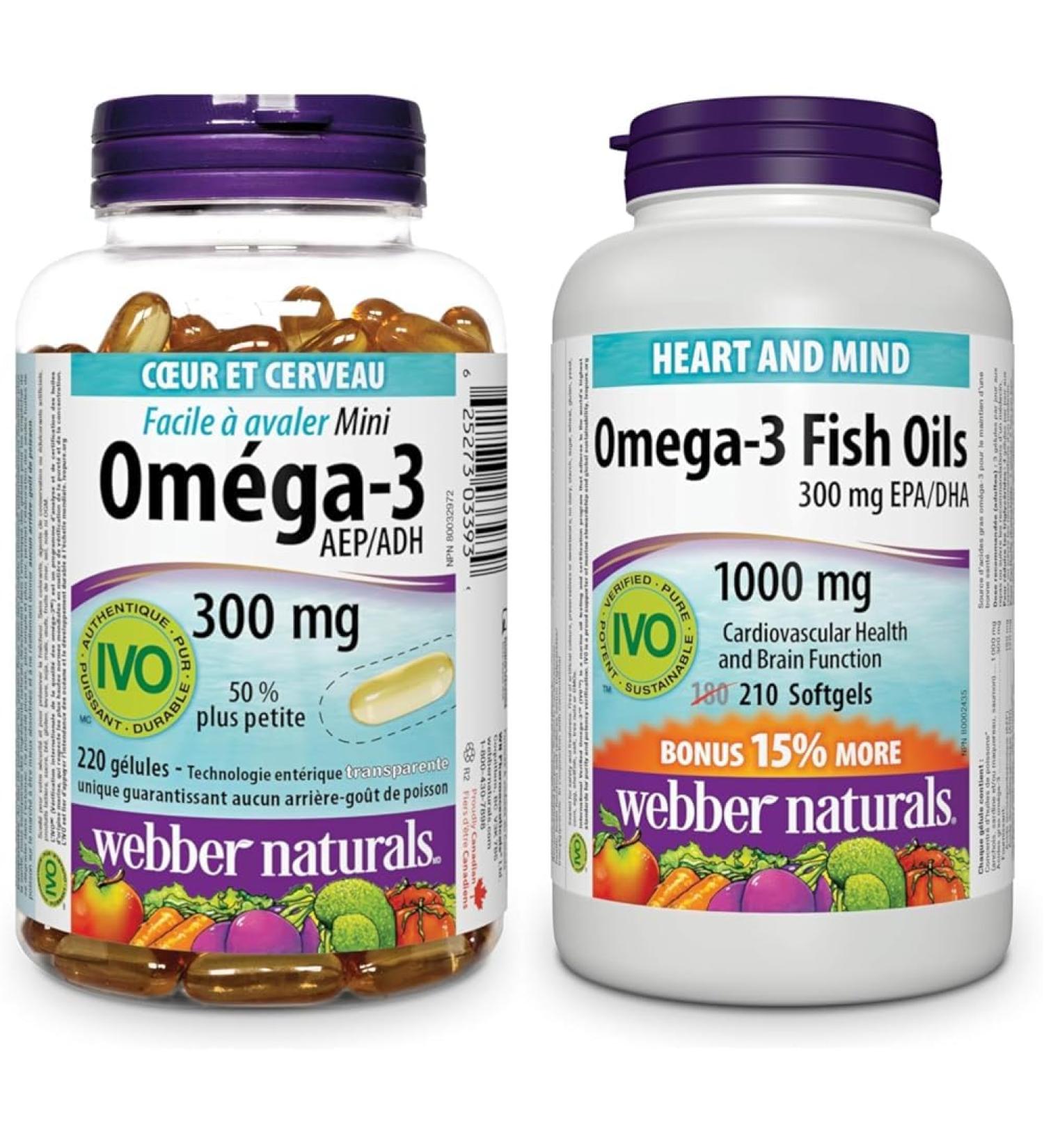 Webber Naturals Omega-3 300 mg Mini 220 Clear Enteric No Fishy Aftertaste Mini Softgels & Omega-3 Fish Oil 1 000 mg 210 Softgels Supports Cardiovascular Health and Brain Function - Buy Online on SooperMarket.com