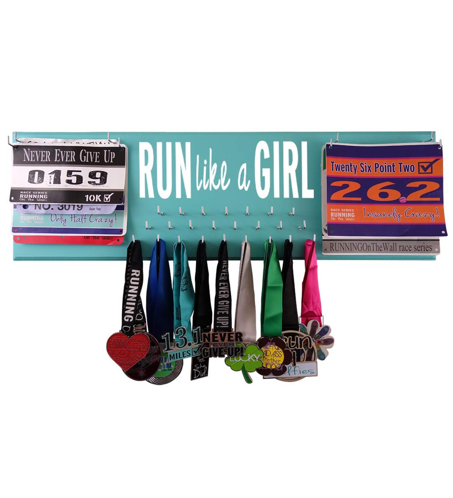 Running On The Wall Medal Hanger Display and Race Bibs Run Like A Girl Double Race Bib Design Turquoise - Buy Online on SooperMarket.com
