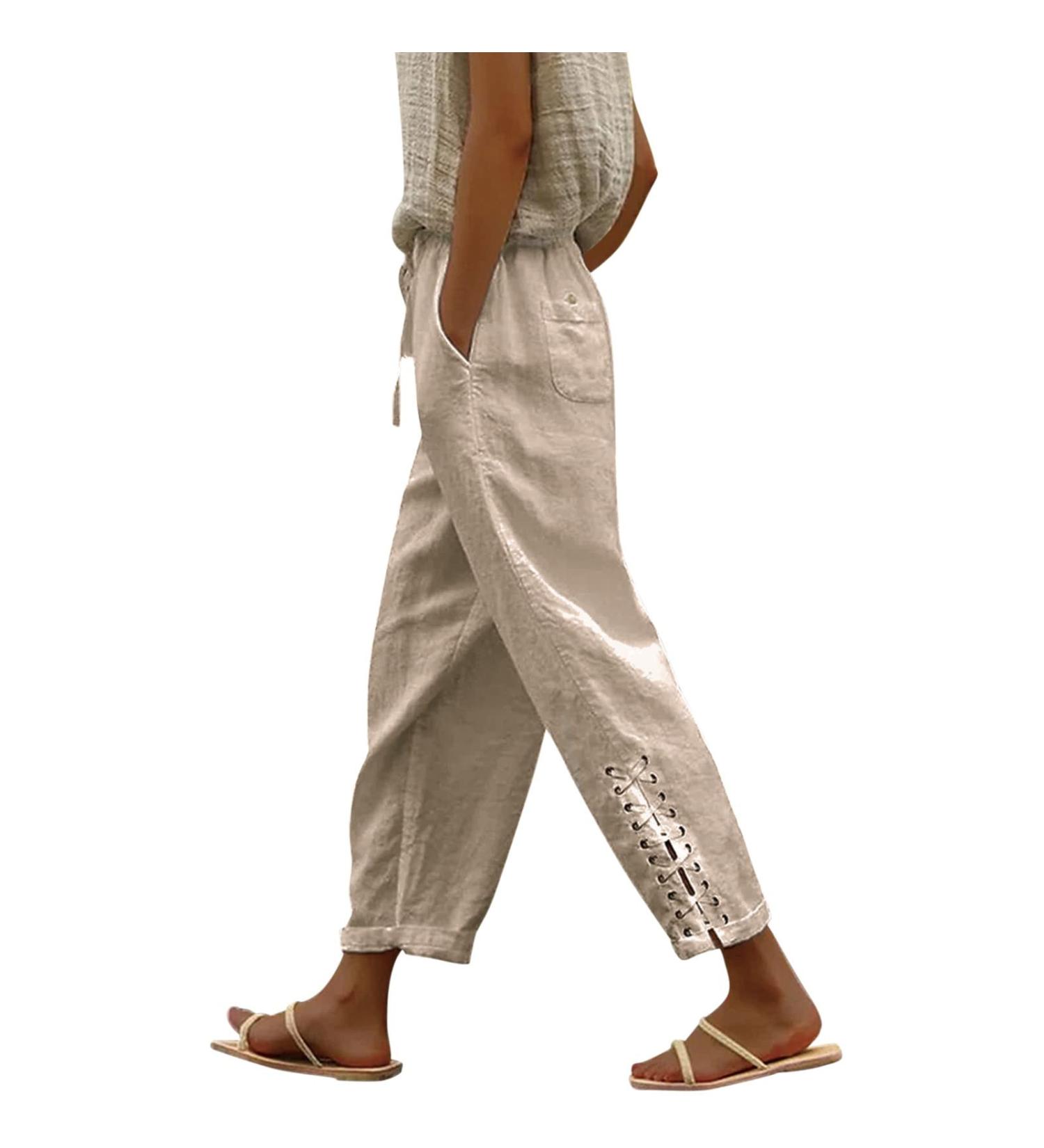 Womens Linen Capri Pants with Side Hollow Out Detail, Boho Summer Beach Pants with Pockets - Khaki XX-Large - Buy Online on SooperMarket.com