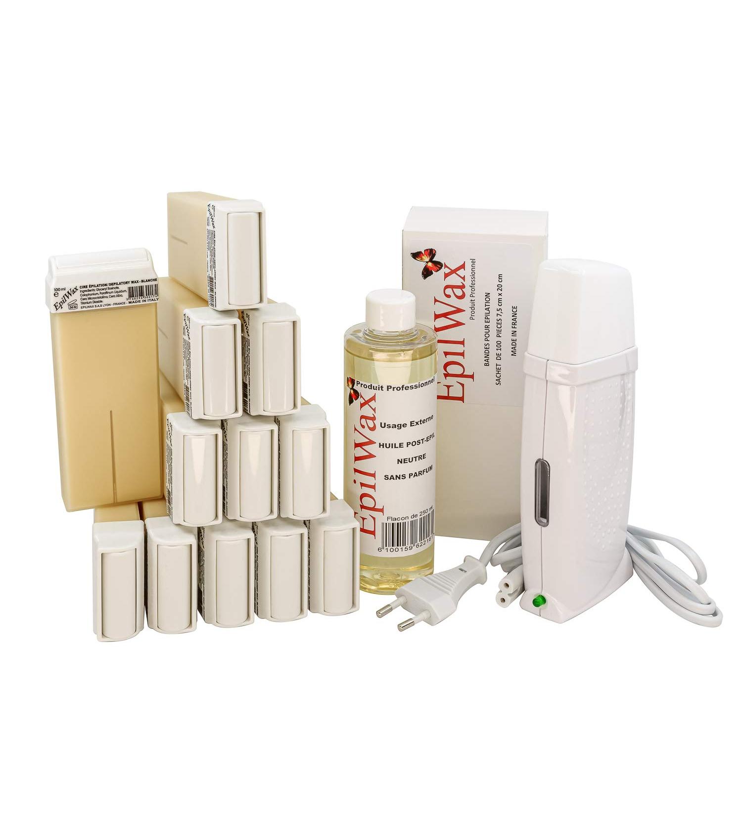EpilWax Royal Depilatory Kit Complete with: Professional Wax Heater 12 Roll-On Wax 100 ml White 100 Depilatory Strips 1 Bottle of 250 ml After Wax Oil (Royal Series White 12) - Buy Online on SooperMarket.com