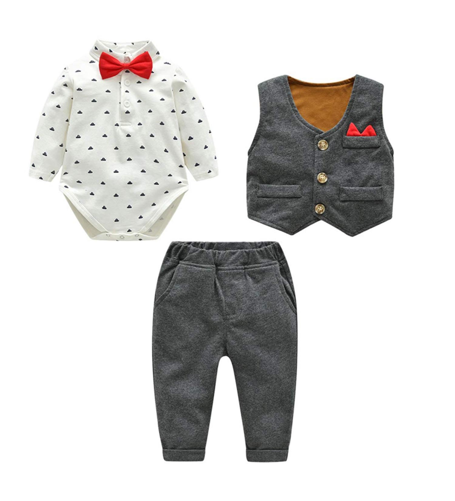 Famuka Baby Boy 3 Piece Formal Suit with Bows Waistcoat | Gentleman Tuxedo Grey 9 Months - Buy Online on SooperMarket.com
