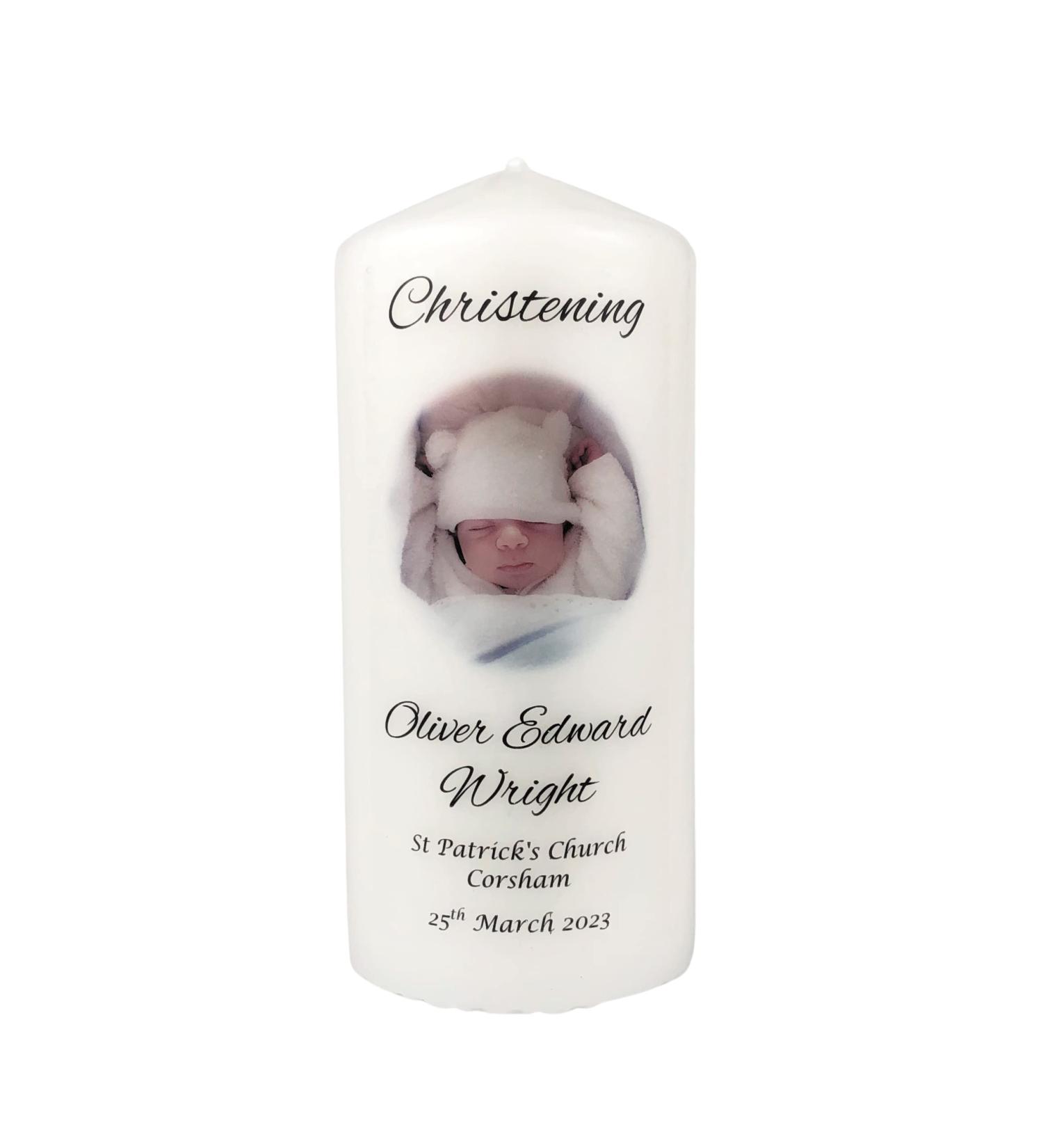 Personalised Christening Photo Candle - 7cm x 15cm White | Boy/Girl Baptism Keepsake - Buy Online on SooperMarket.com